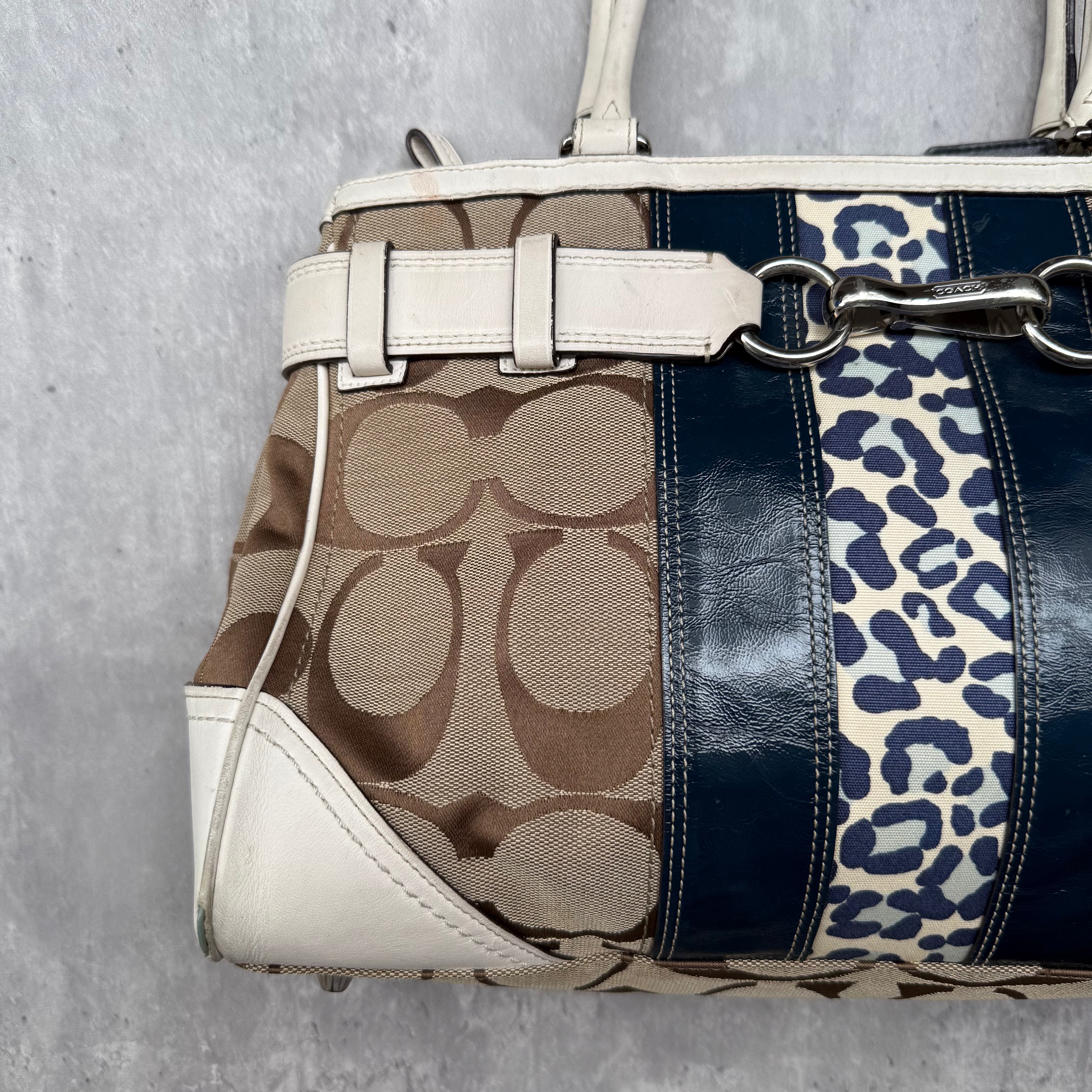 Coach Signature Hampton Stripe Leopard Carryall HandBag Multicolor
