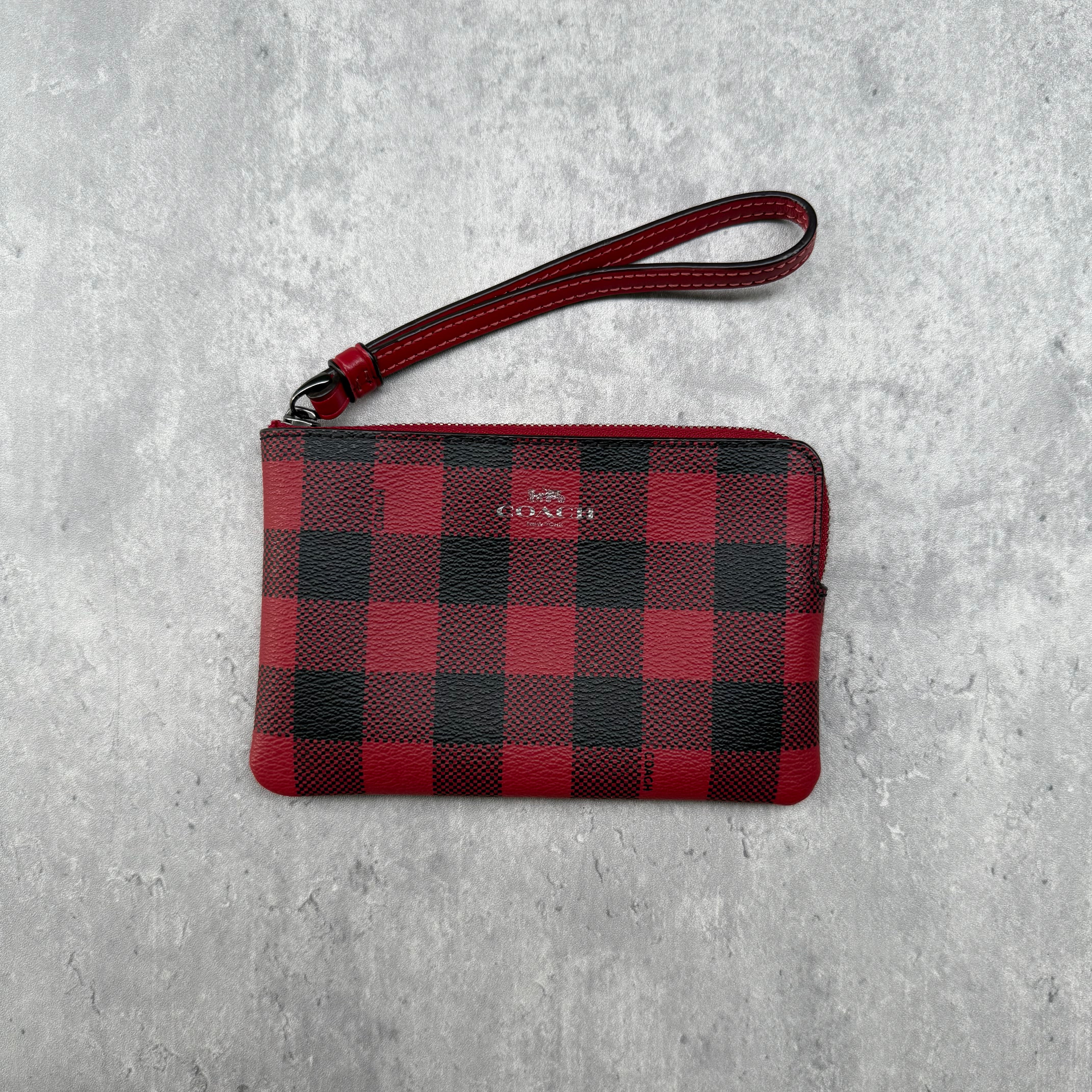 Coach Buffalo Plaid Print Zip Wristlet Red/Black