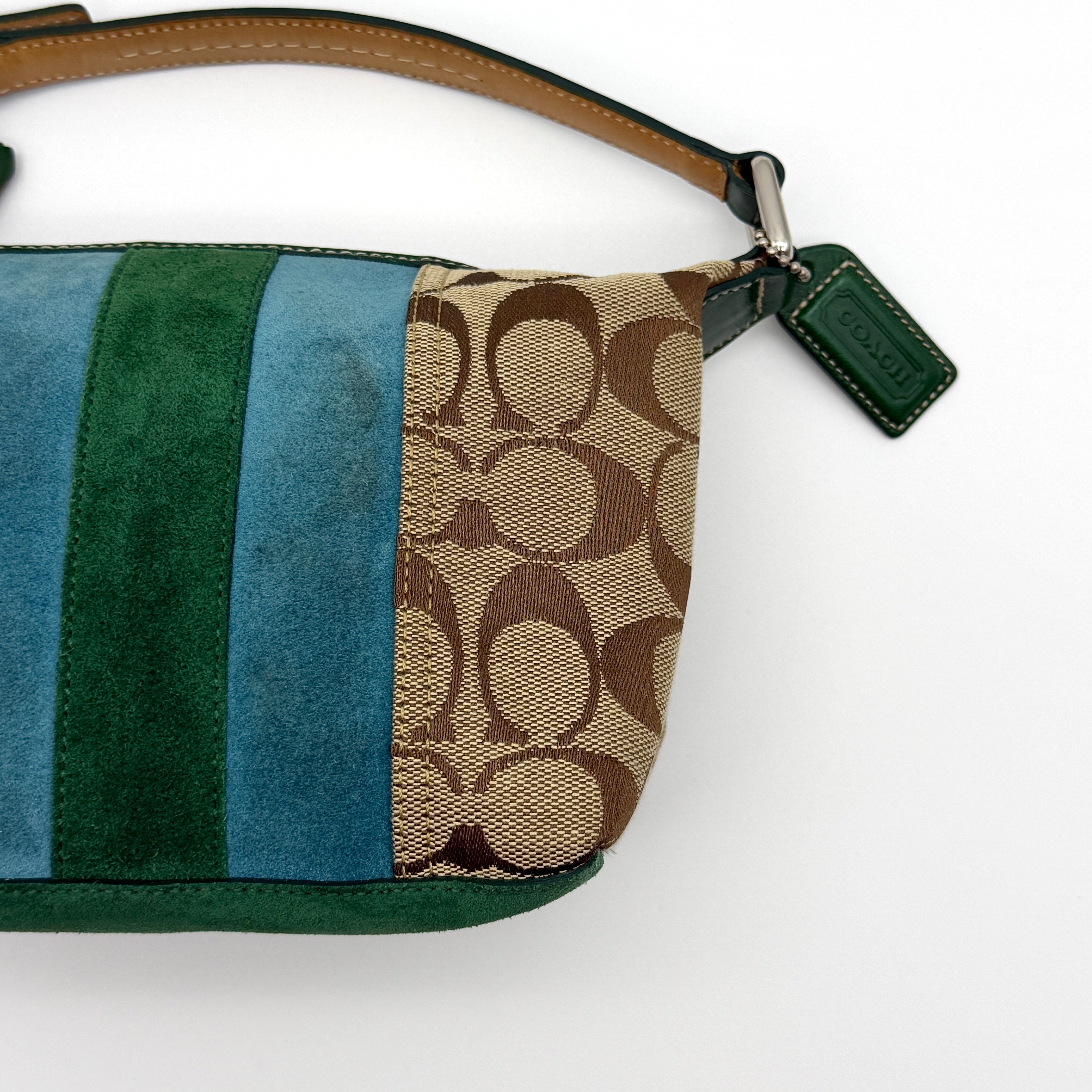 Coach Signature Mini Hobo Striped Suede Shoulder Bag Beige/Green