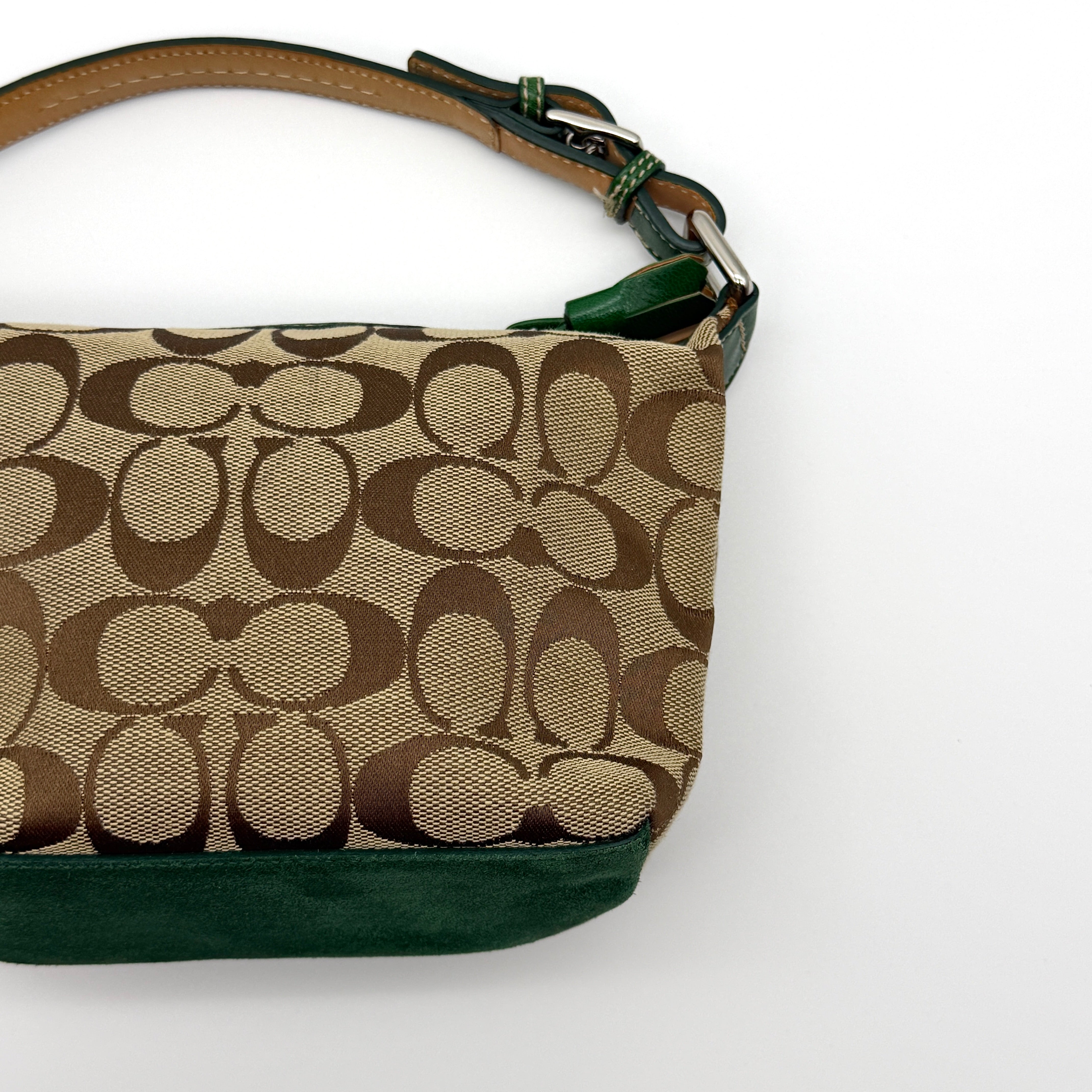 Coach Signature Mini Hobo Striped Suede Shoulder Bag Beige/Green