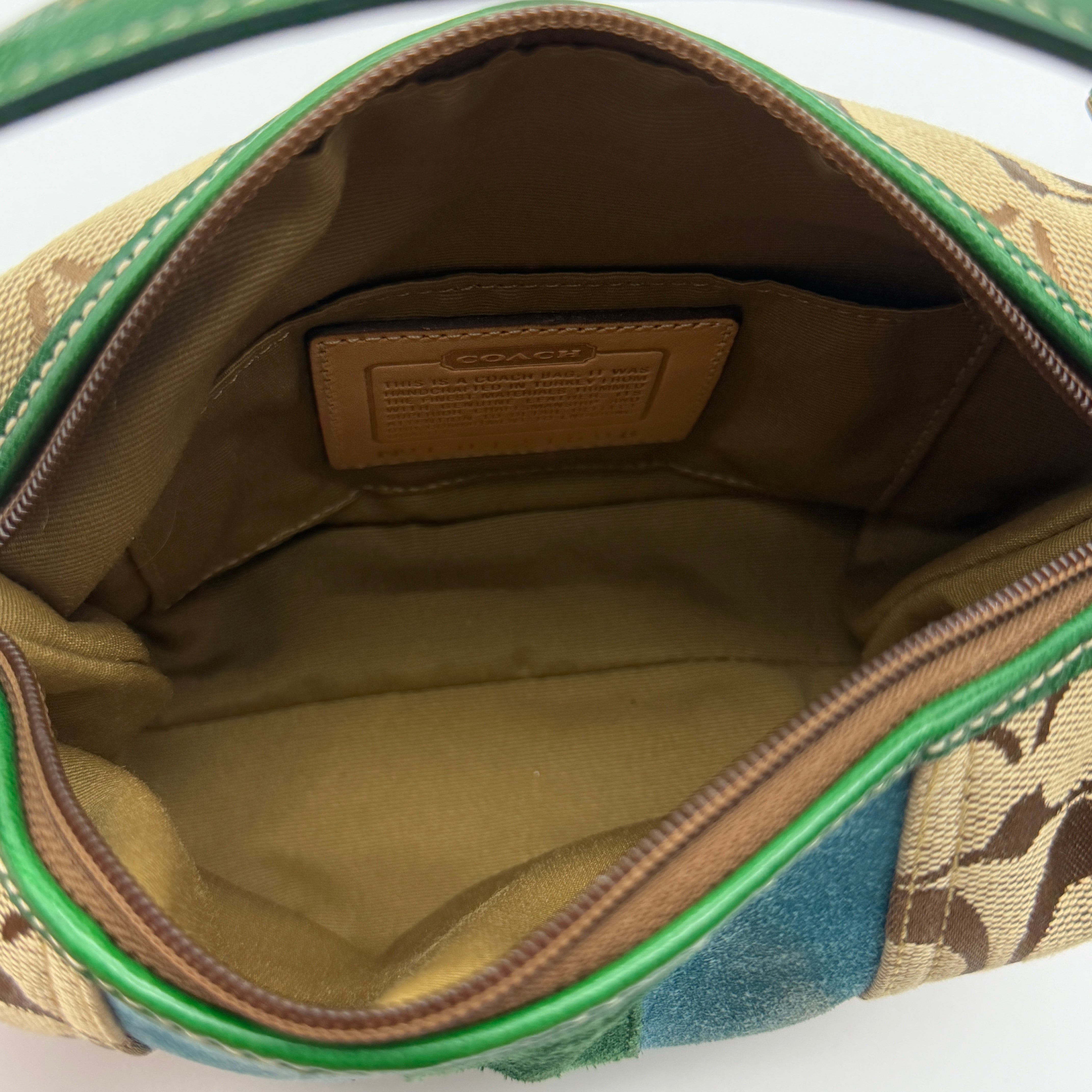 Coach Signature Mini Hobo Striped Suede Shoulder Bag Beige/Green