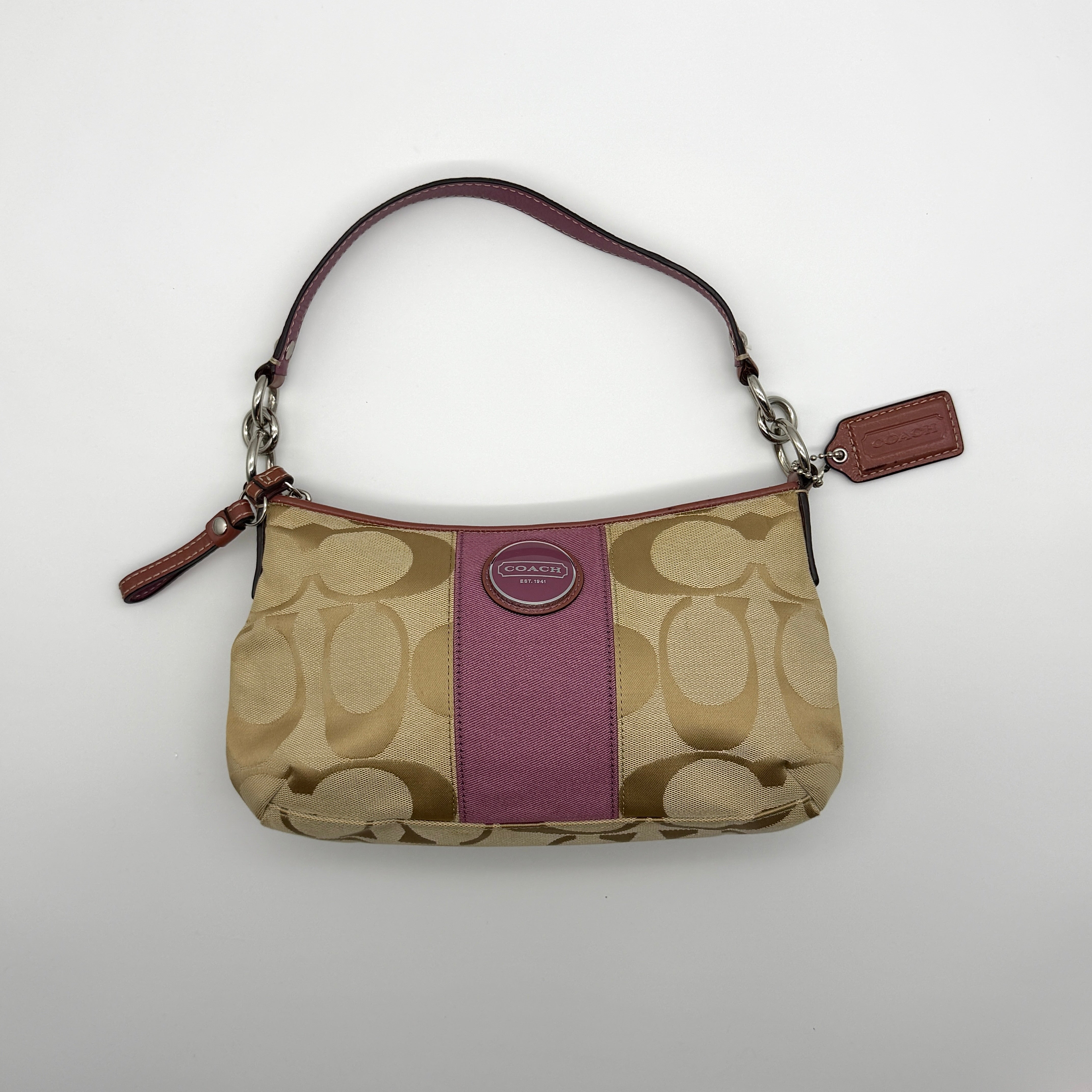 Coach 2Way Signature Stripe Shoulder Bag Beige/Purple