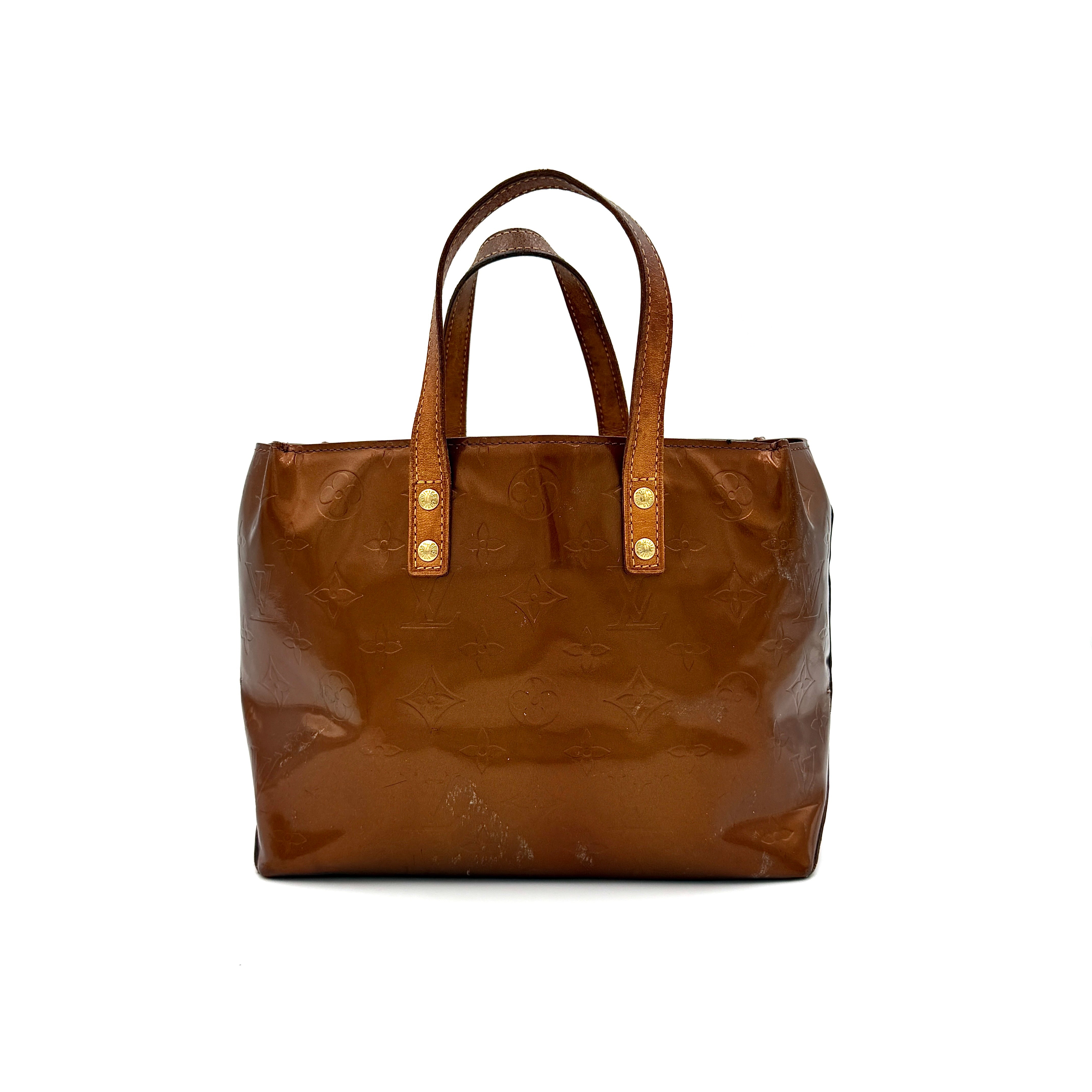Louis Vuitton PM Vernis Reade Shoulder Bag in glossy bronze patent leather with monogram embossing and structured silhouette.