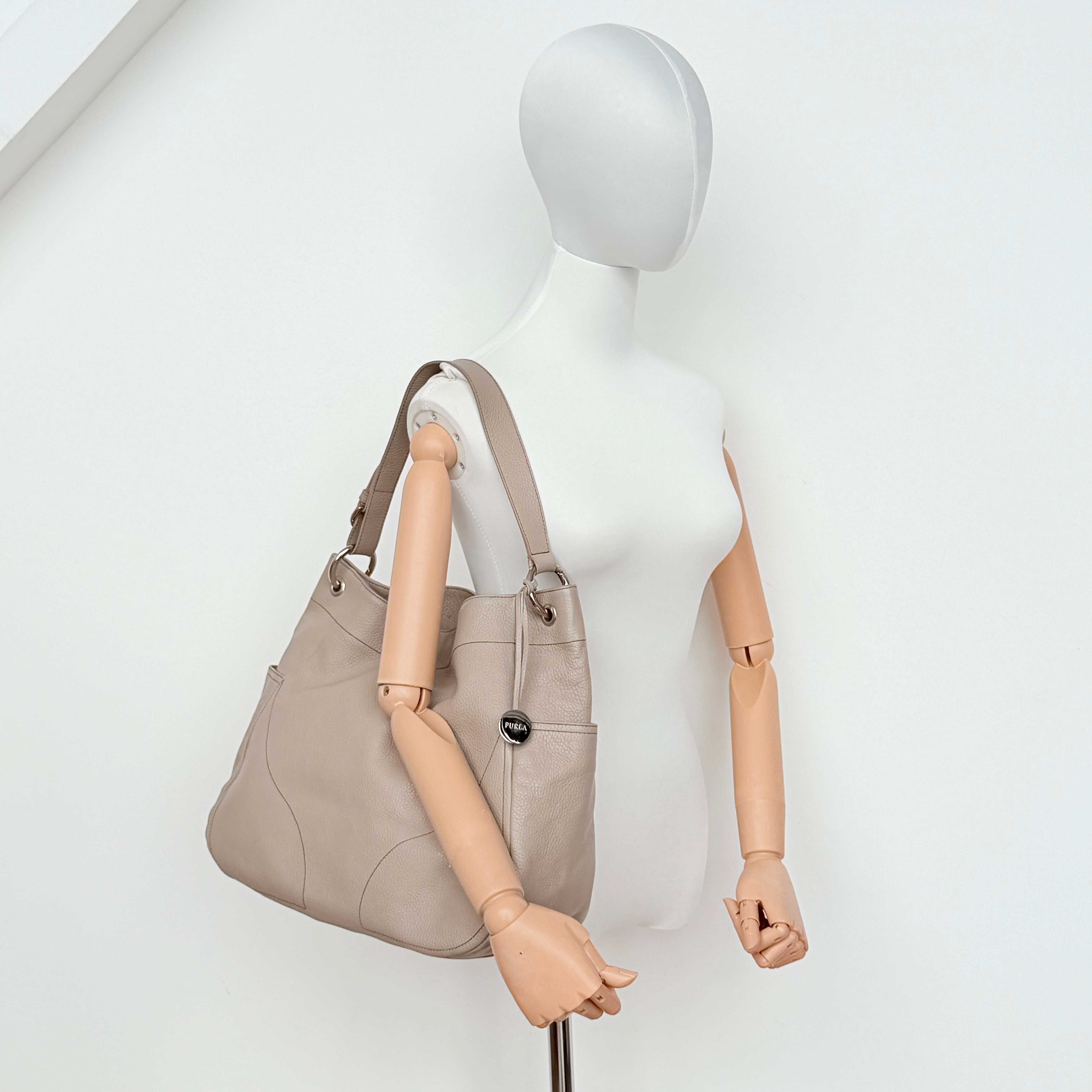 Furla Leather Hobo Shoulder Bag Beige
