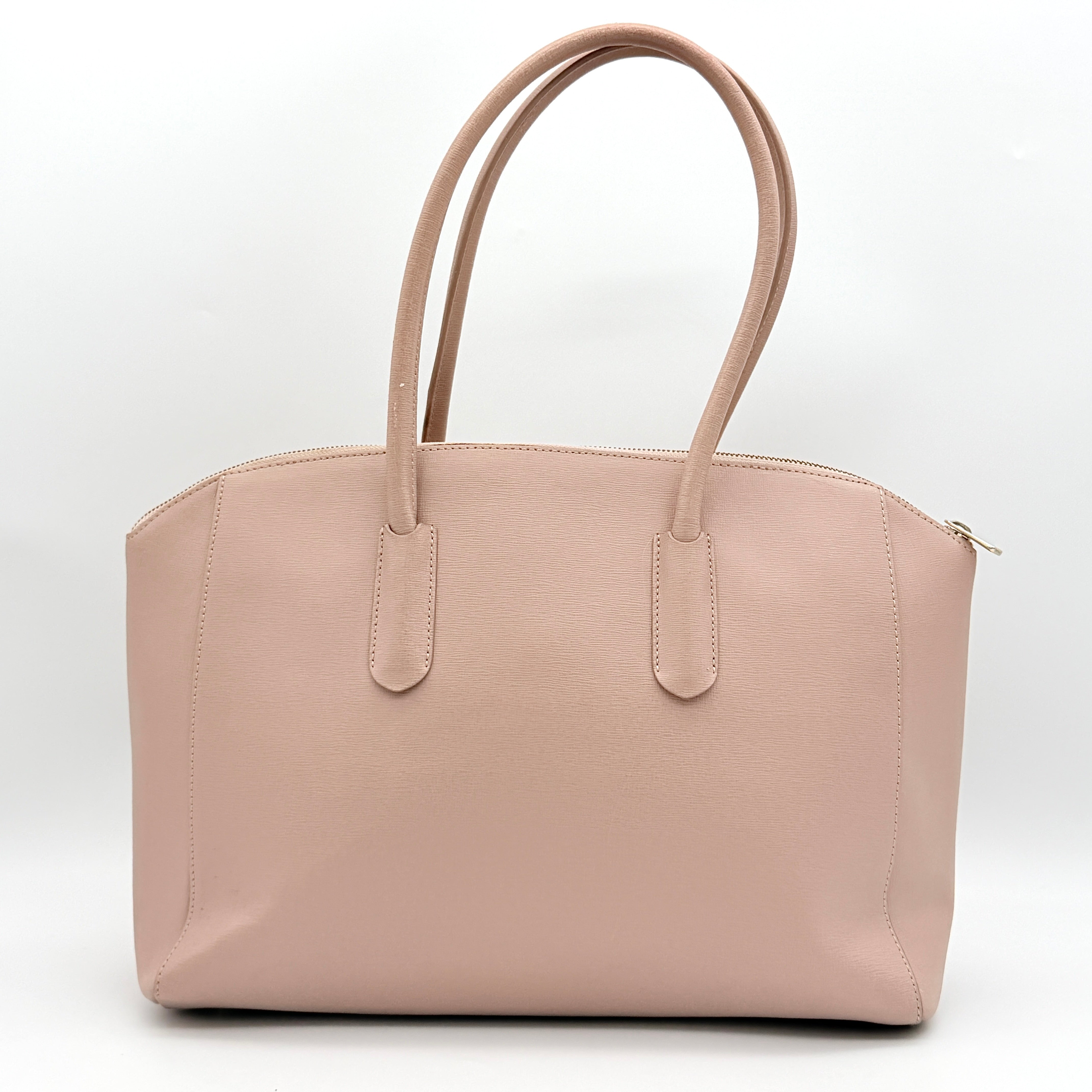 Furla Tessa handbag in light pink leather with gold hardware and double top handles.