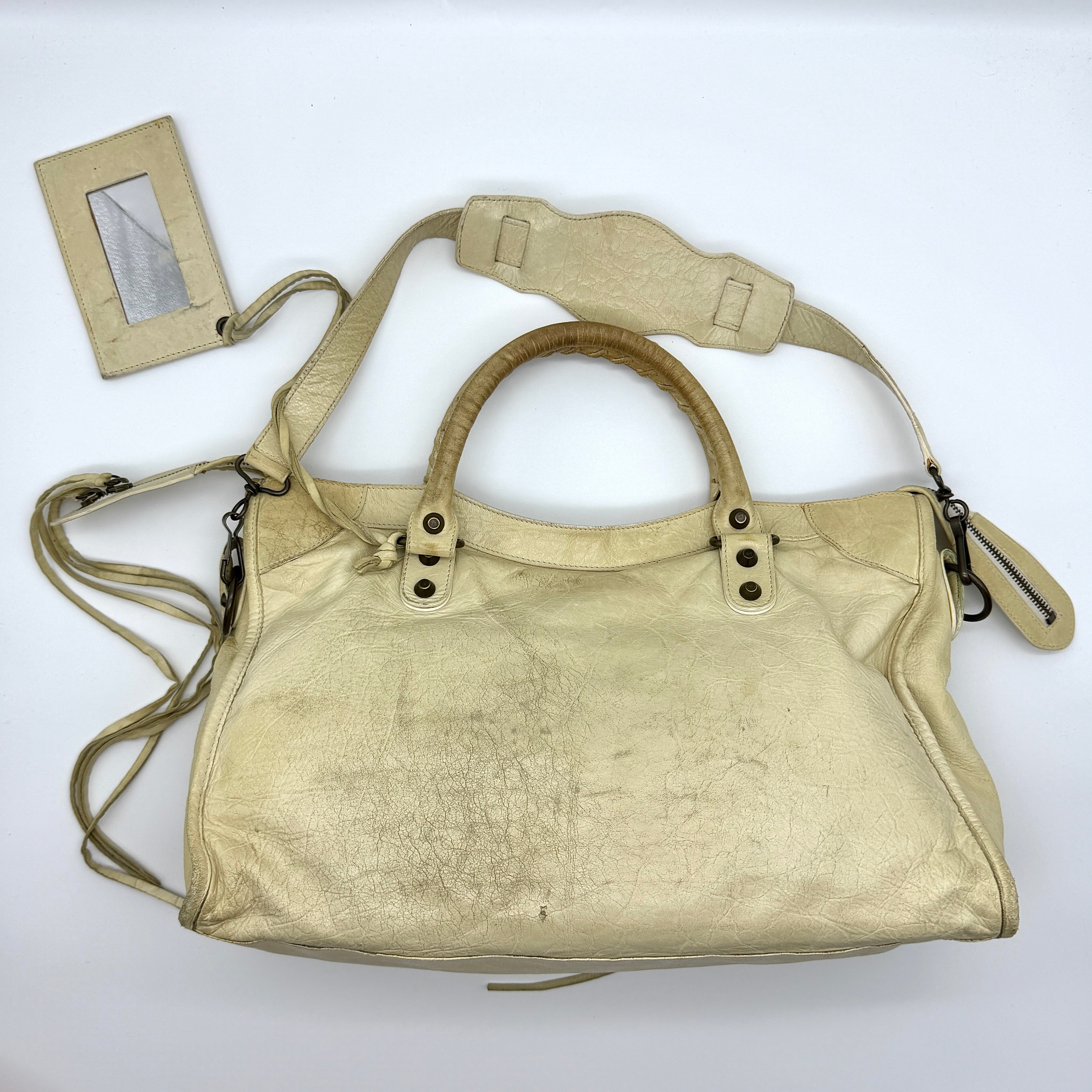 Balenciaga 2Way Agneau Leather Motorcycle City Bag Cream