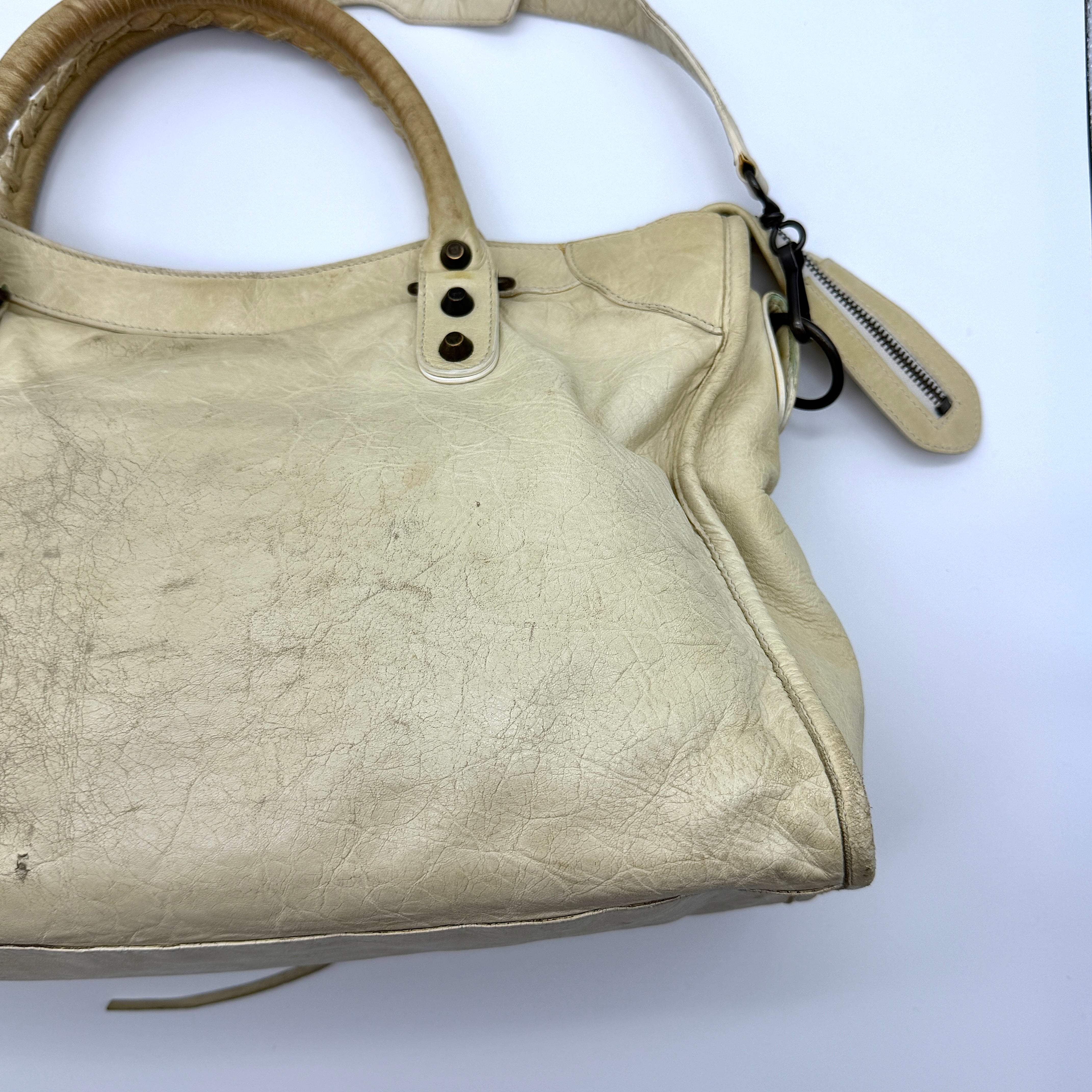 Balenciaga 2Way Agneau Leather Motorcycle City Bag Cream