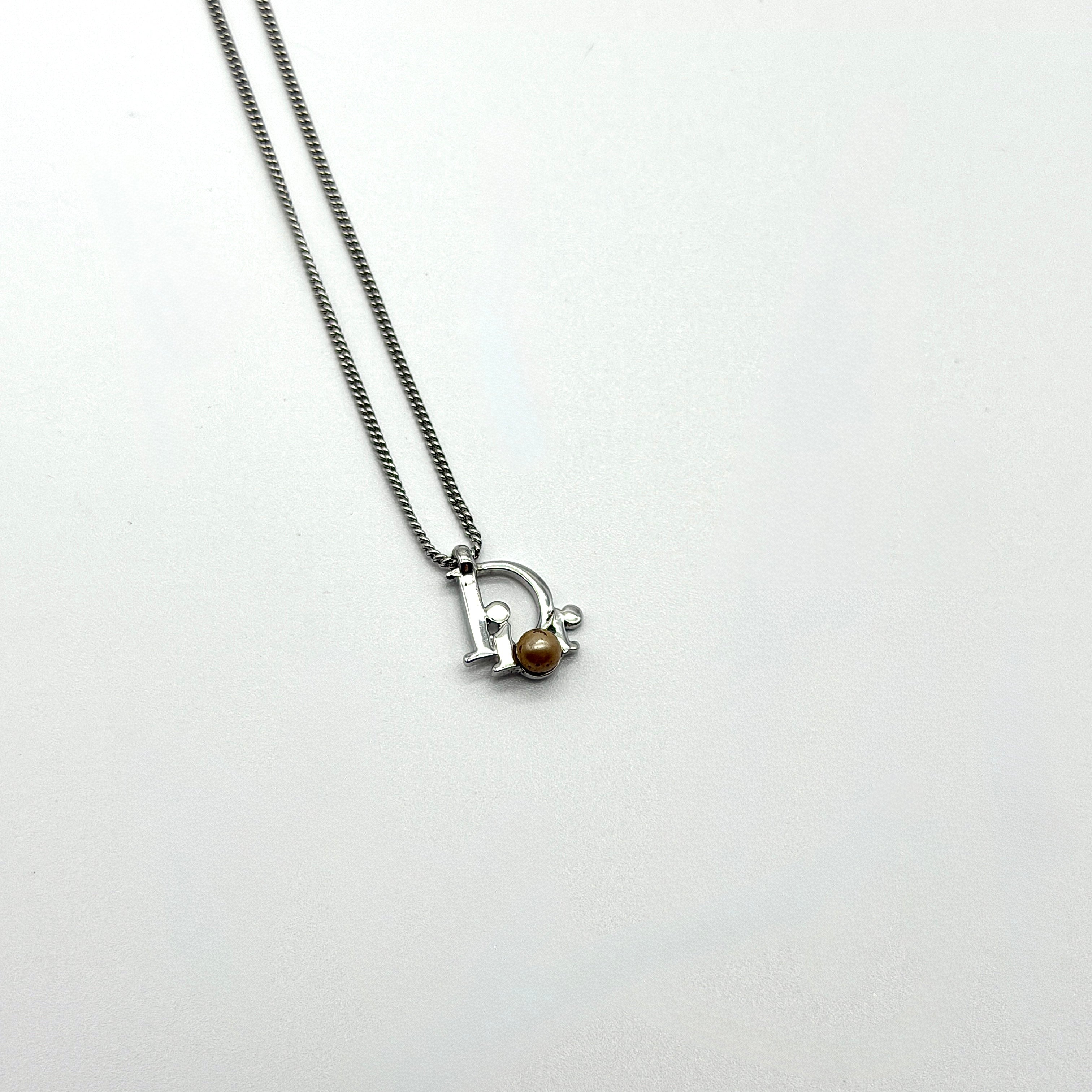 Dior Logo Pearl Necklace Silver