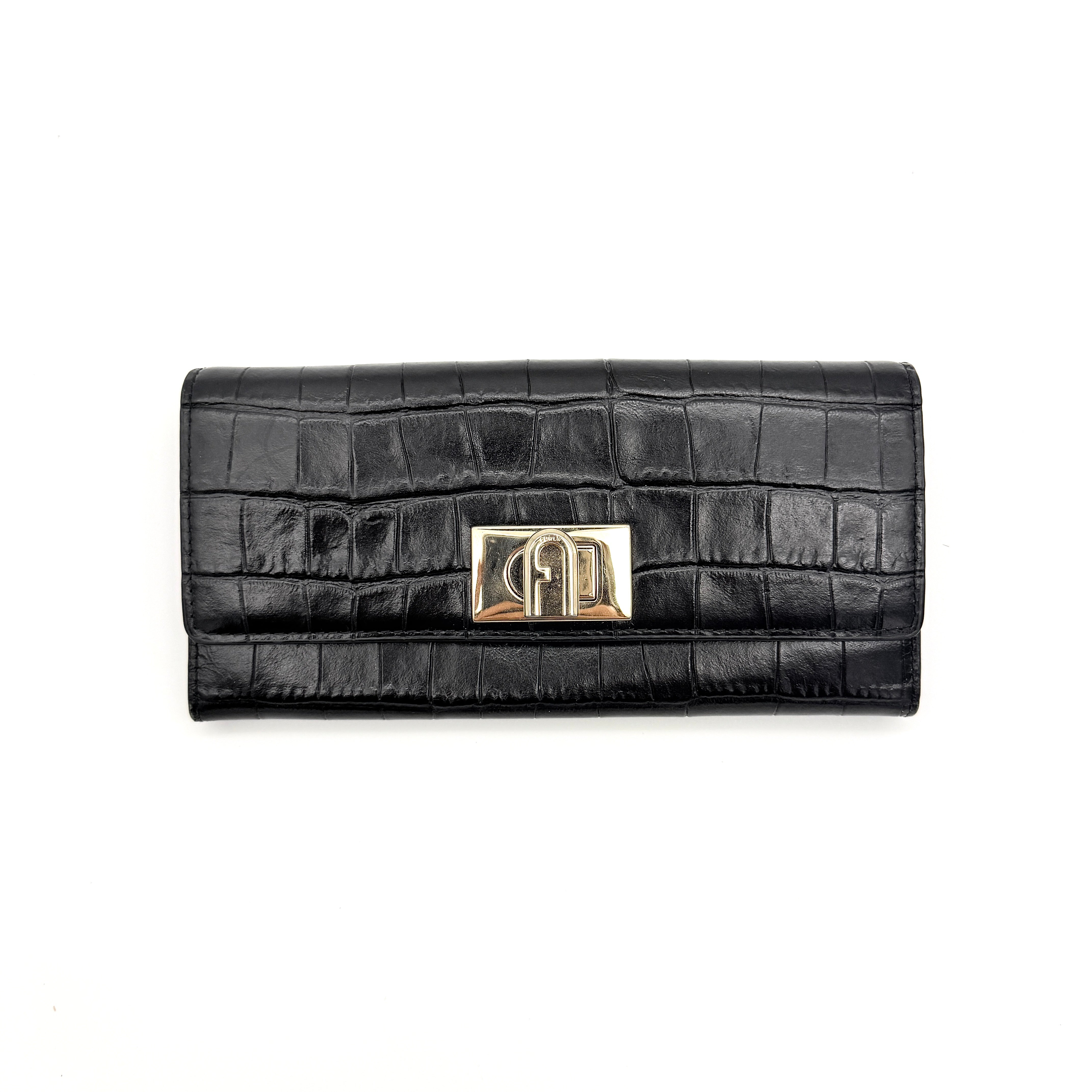 Furla Croc Embossed Turnlock Long Wallet Black