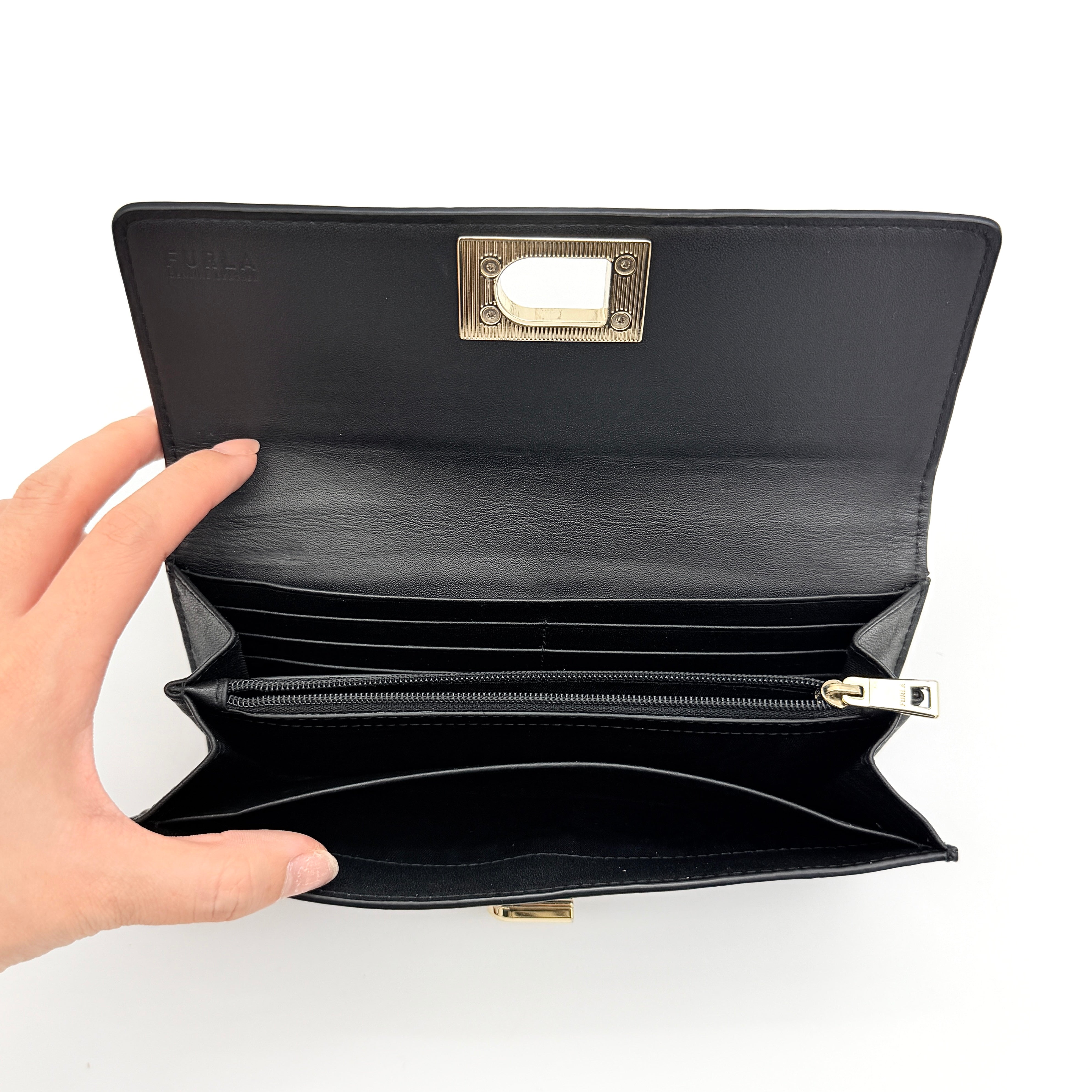 Furla Croc Embossed Turnlock Long Wallet Black