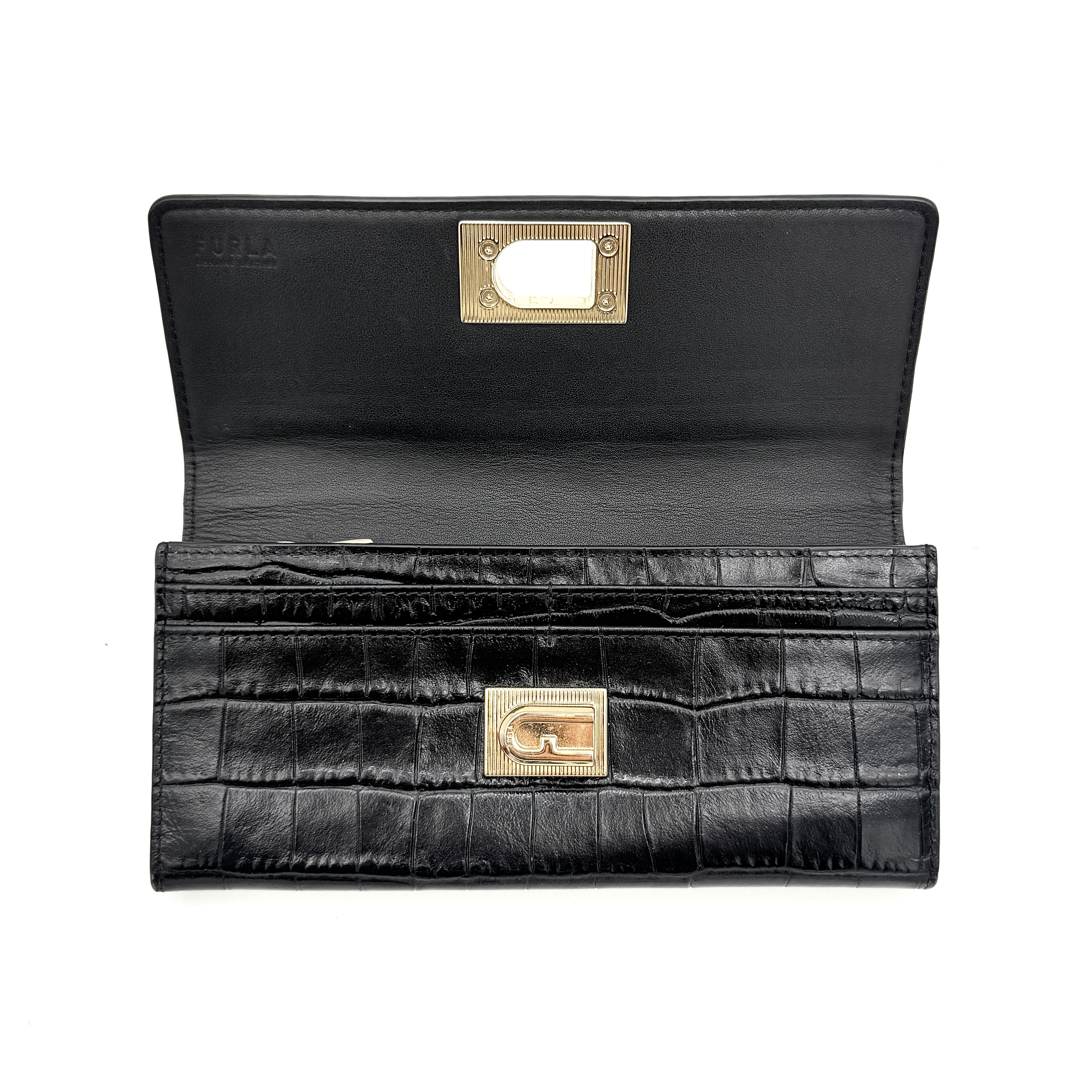 Furla Croc Embossed Turnlock Long Wallet Black