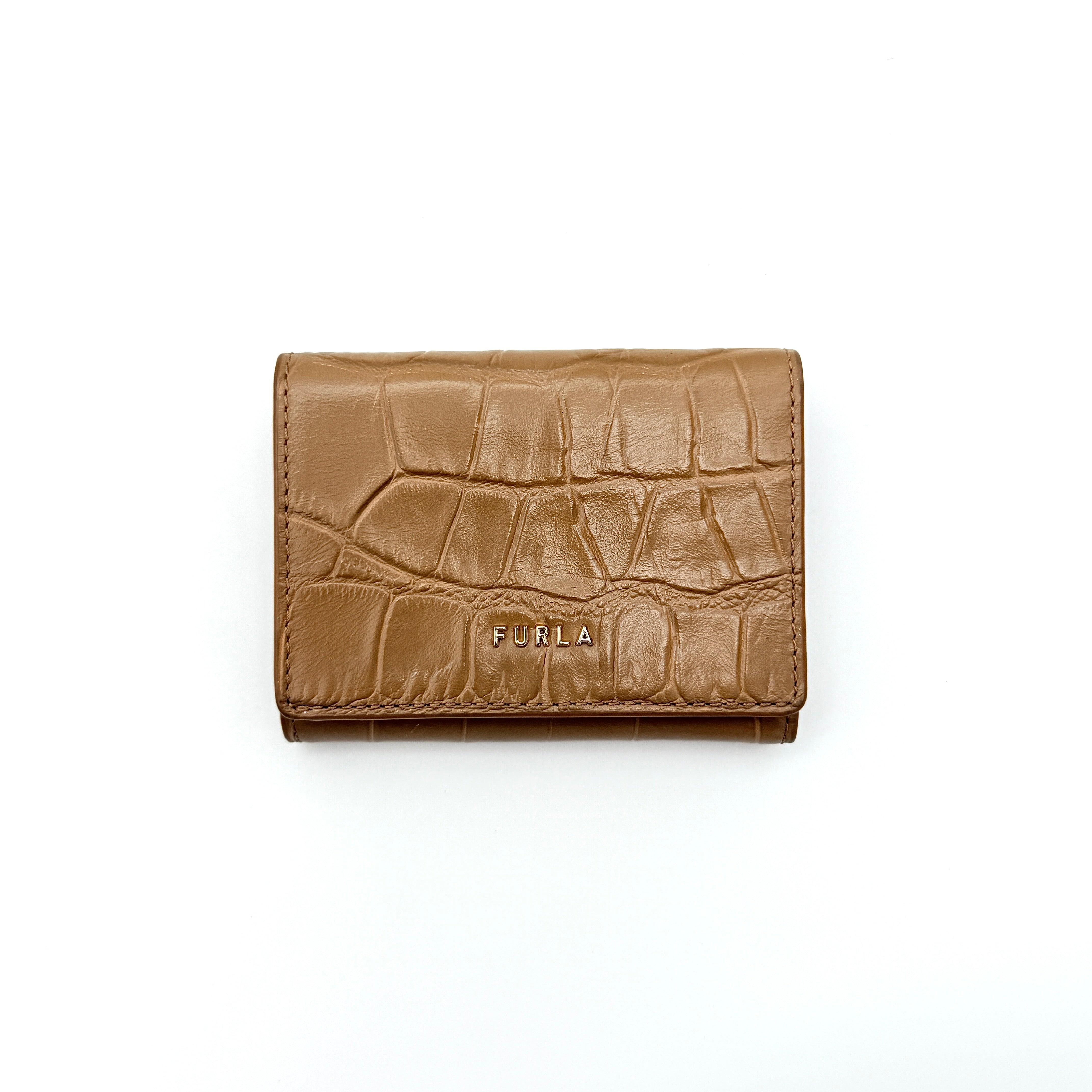 Furla Croc Embossed Trifold Wallet Brown