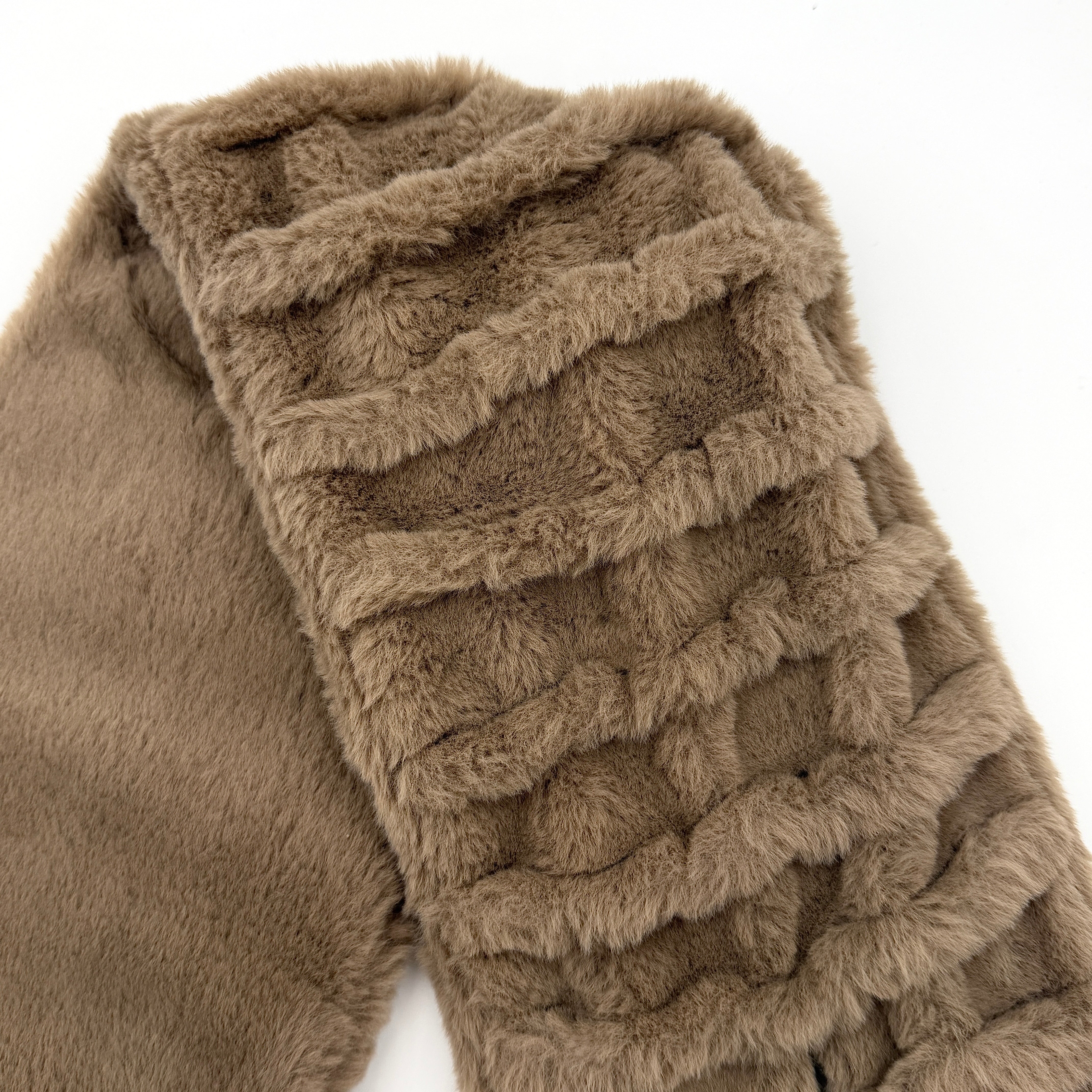 Furla brown faux fur scarf with sculpted ridge texture, gold logo plaque, and slit opening for effortless styling.