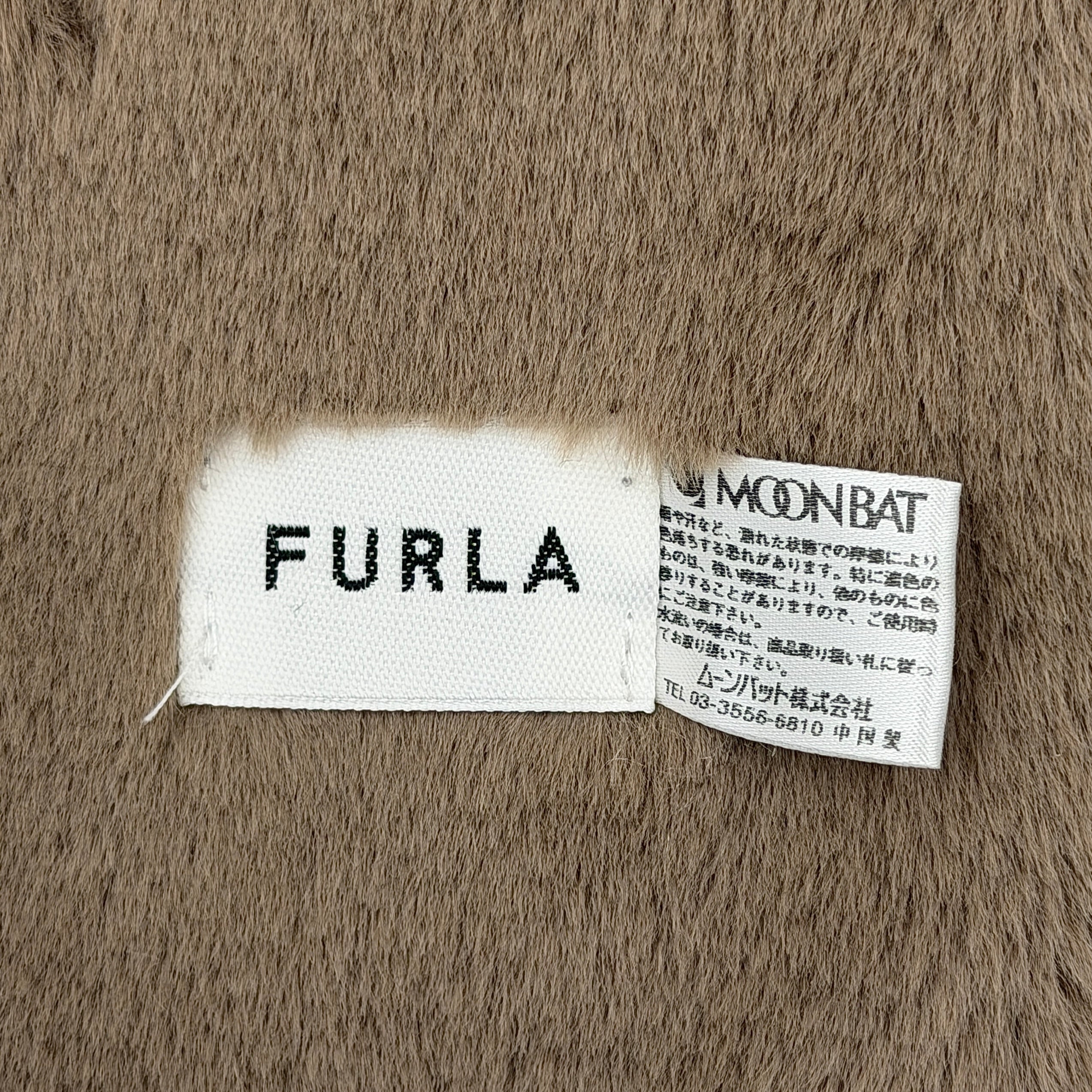 Furla brown faux fur scarf with sculpted ridge texture, gold logo plaque, and slit opening for effortless styling.
