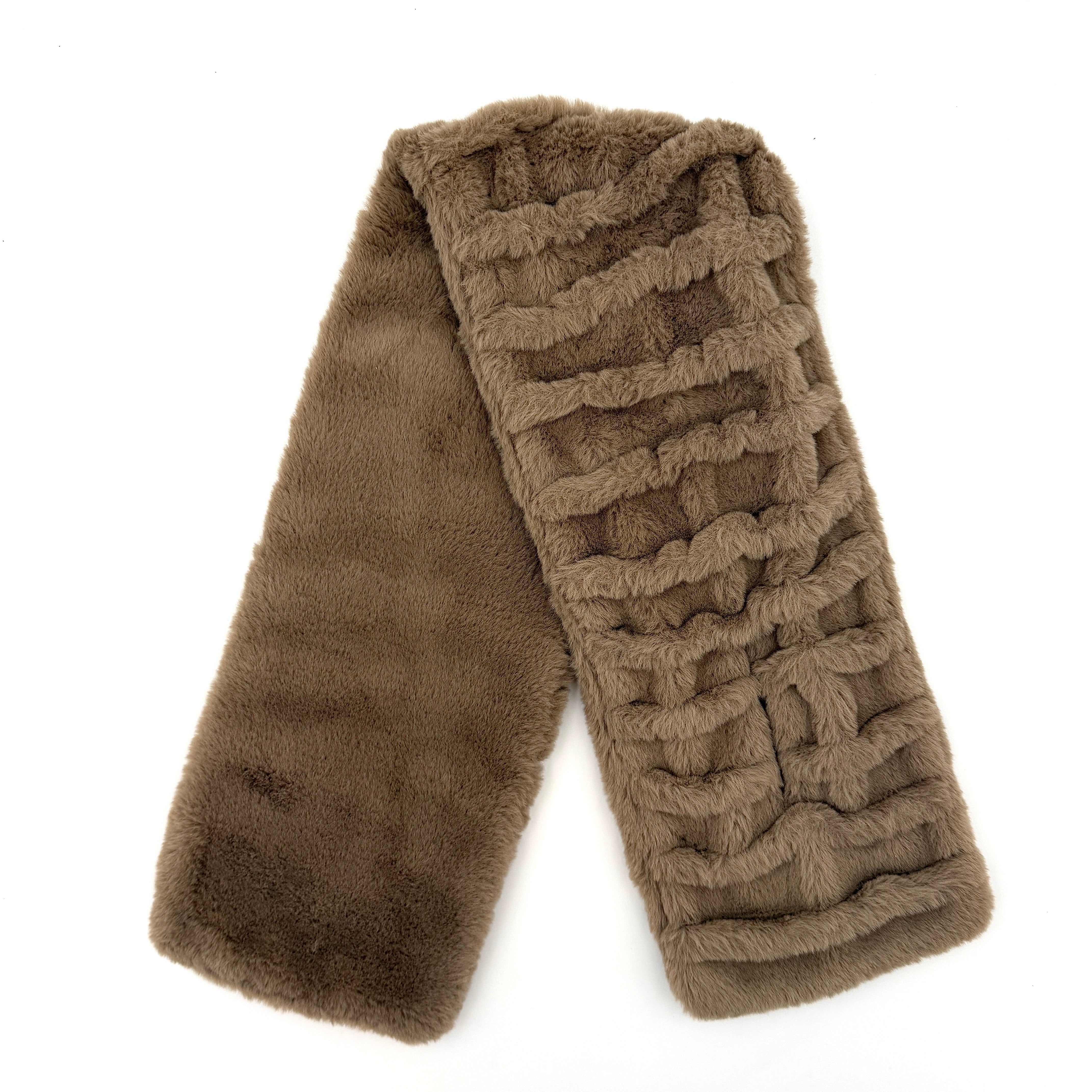 Furla brown faux fur scarf with sculpted ridge texture, gold logo plaque, and slit opening for effortless styling.