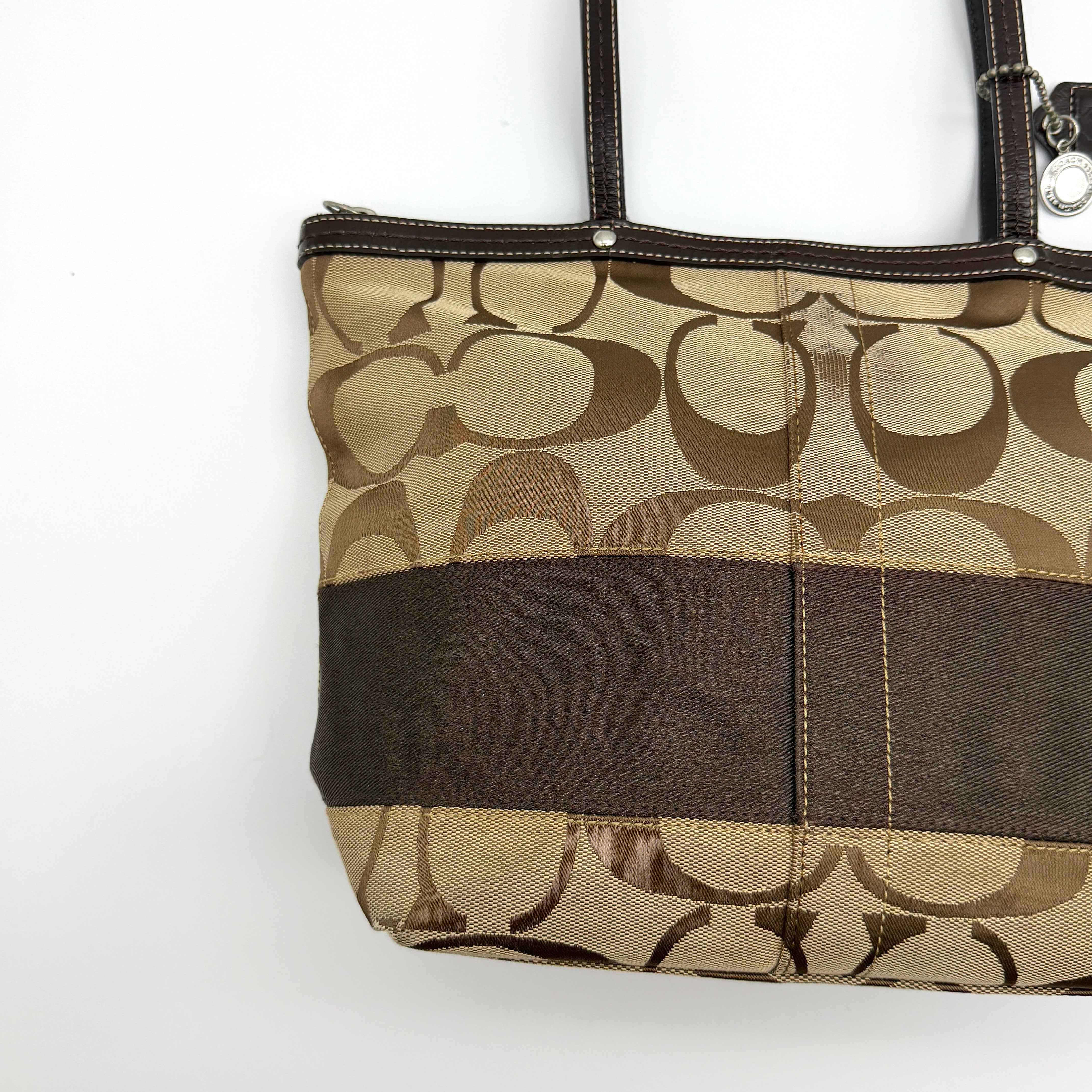 Coach Signature Stripe Tote Bag Beige/Brown