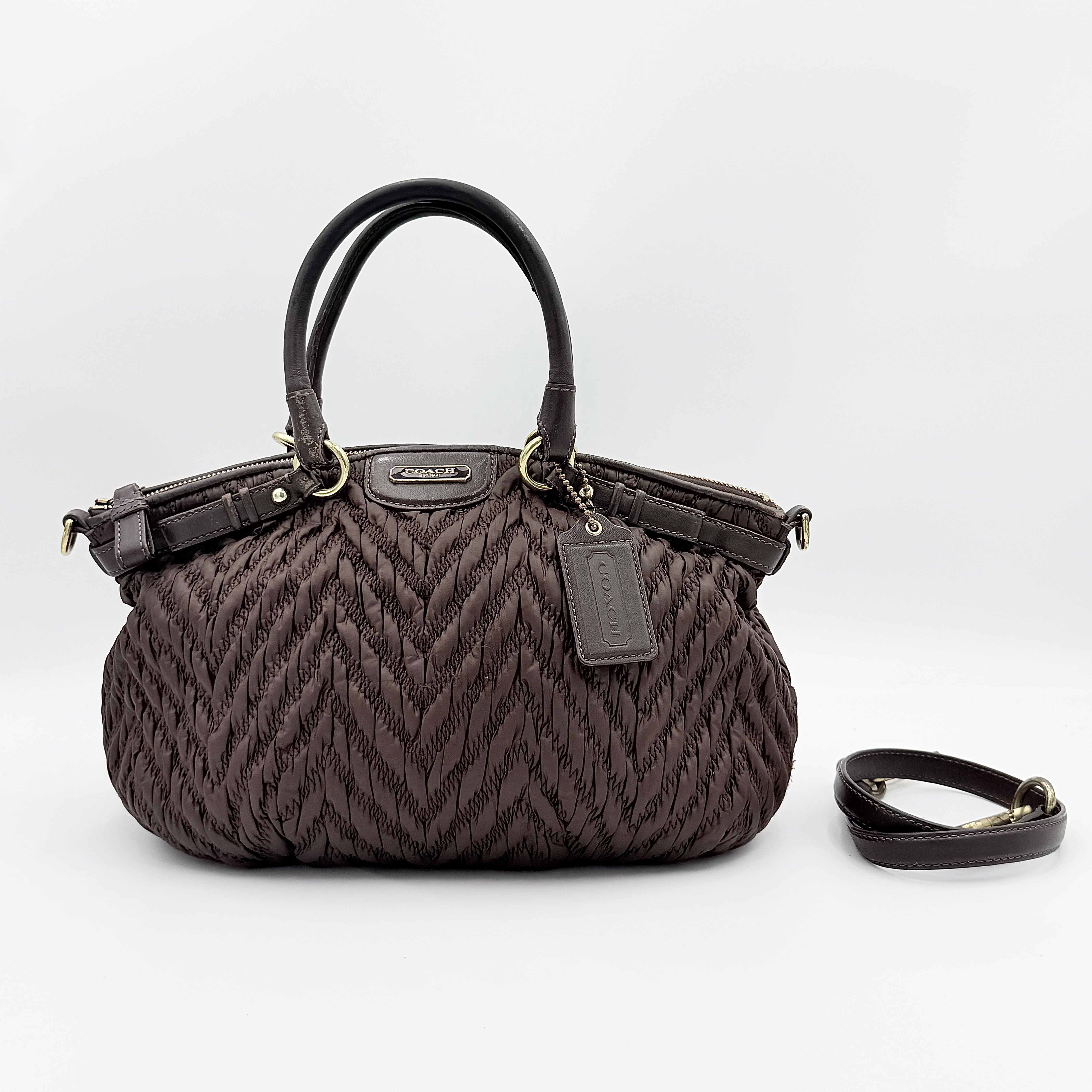 Coach 2Way Madison Chevron Quilted Nylon Shoulder Bag Brown