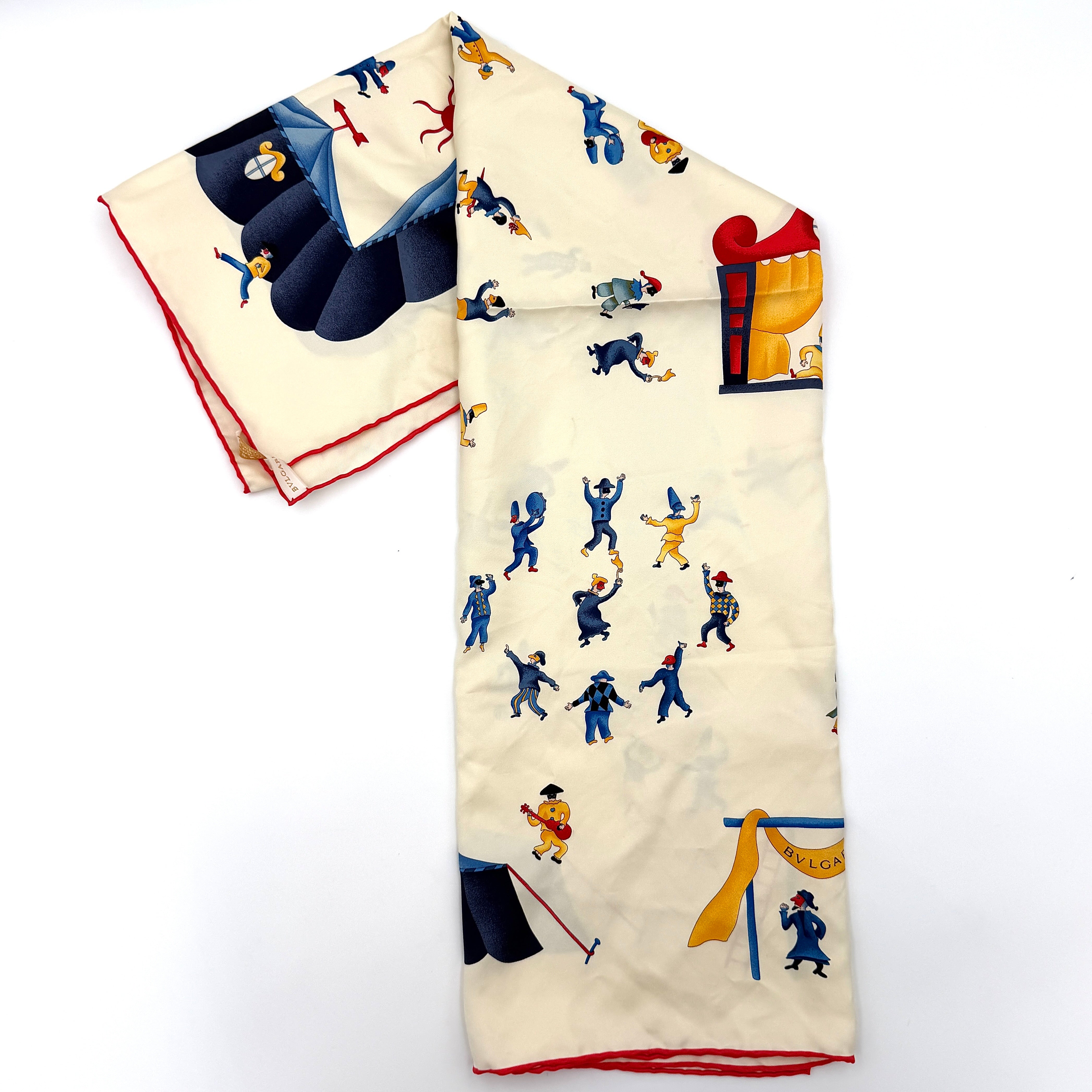 Bvlgari Girotondo di Marionette silk scarf featuring playful multicolour marionette illustrations and circus motifs on a creamy background.