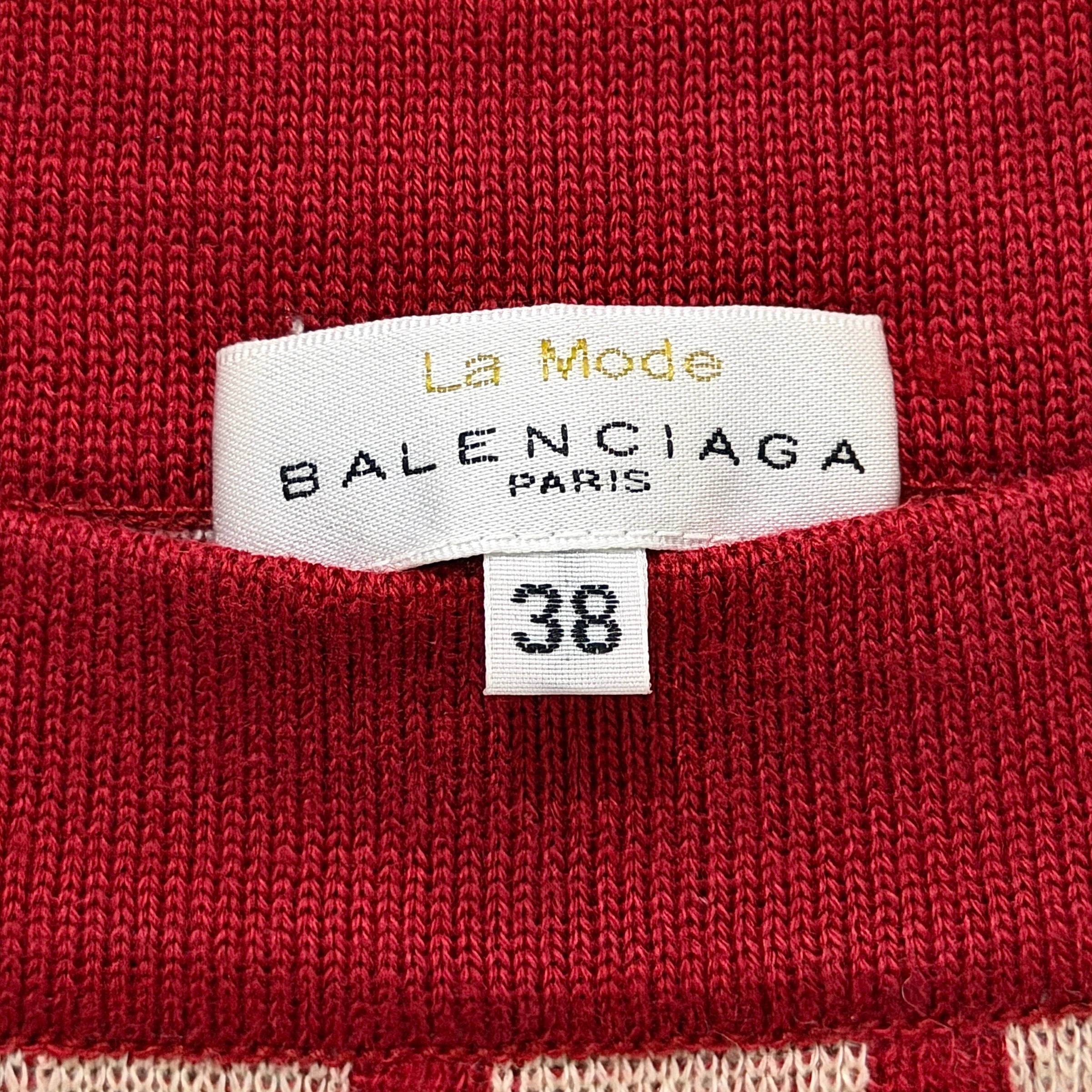 Balenciaga La Mode Check Knit Dress in red with cream checkered bodice, long sleeves, and a slim, structured silhouette.