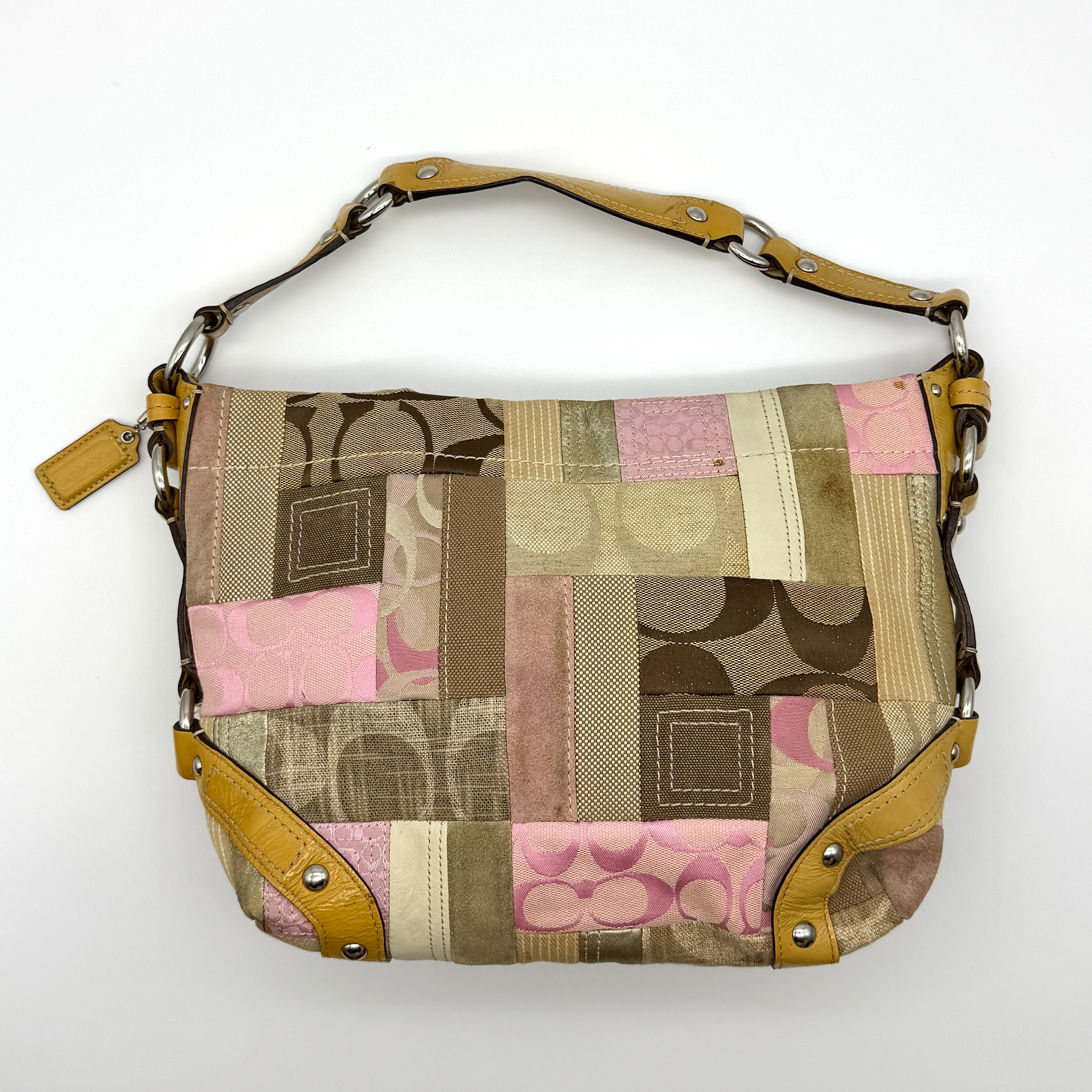Coach Y2K Signature Carly Patchwork Shoulder Bag Beige/Pink