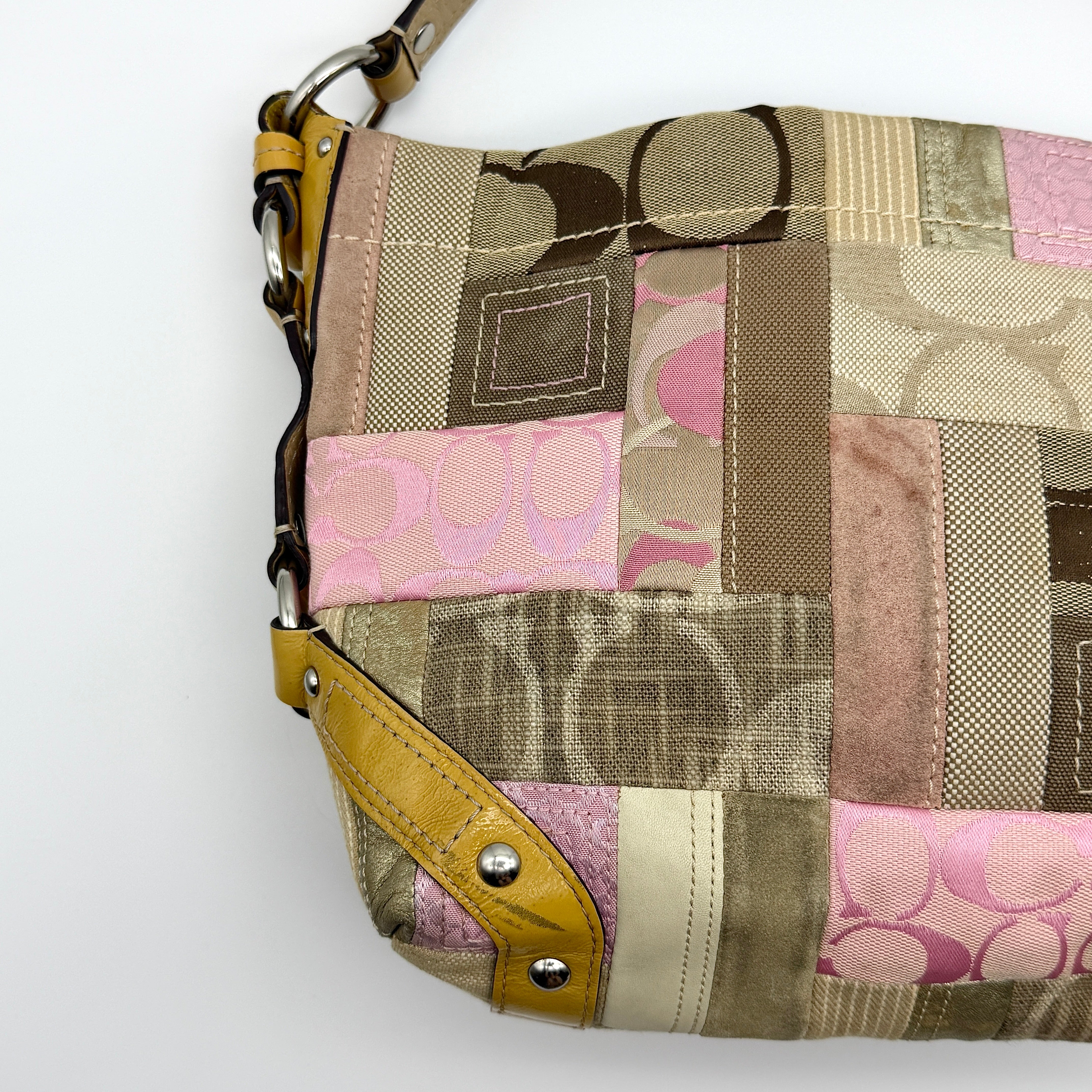 Coach Y2K Signature Carly Patchwork Shoulder Bag Beige/Pink