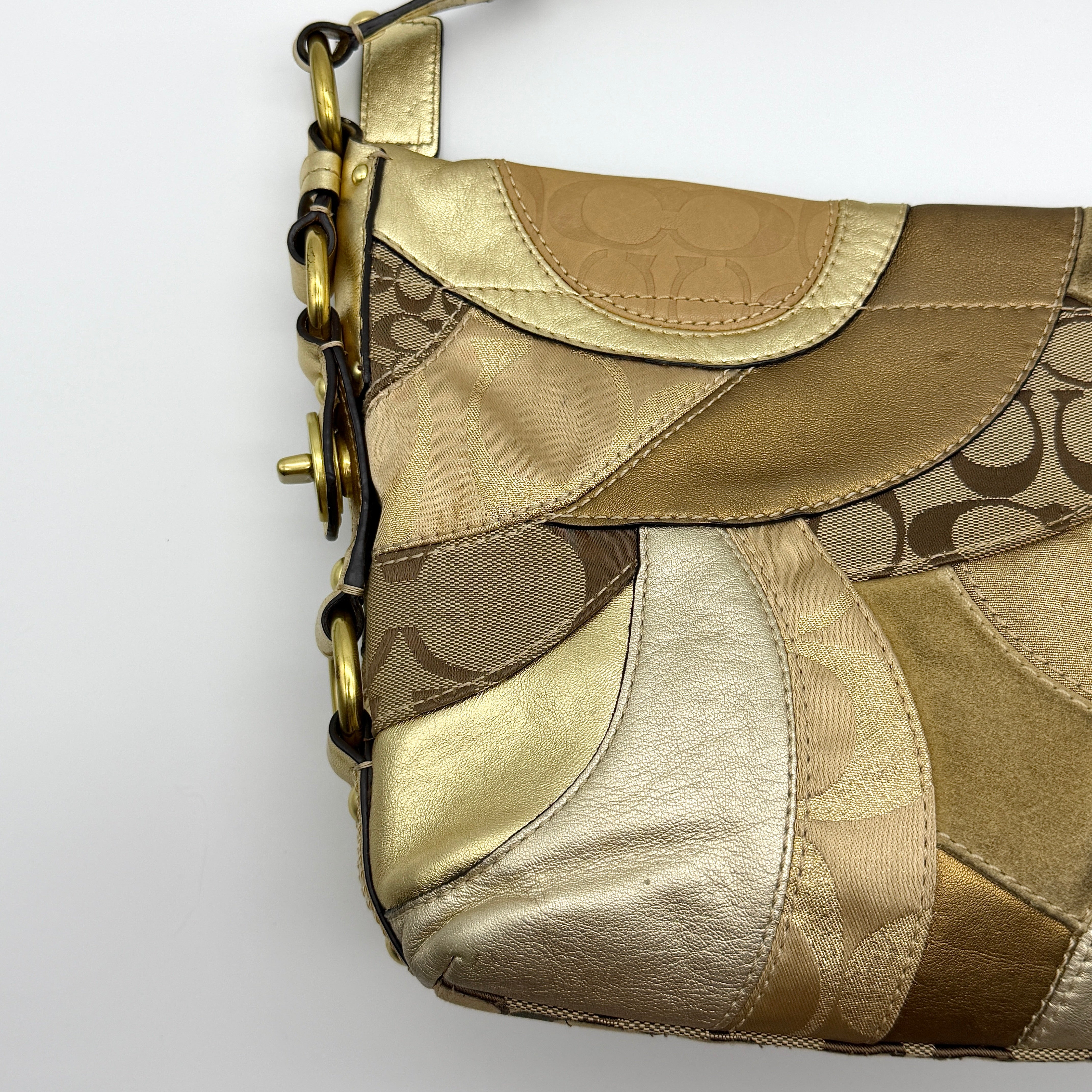 Coach Y2K Signature Carly Patchwork Shoulder Bag Beige/Gold