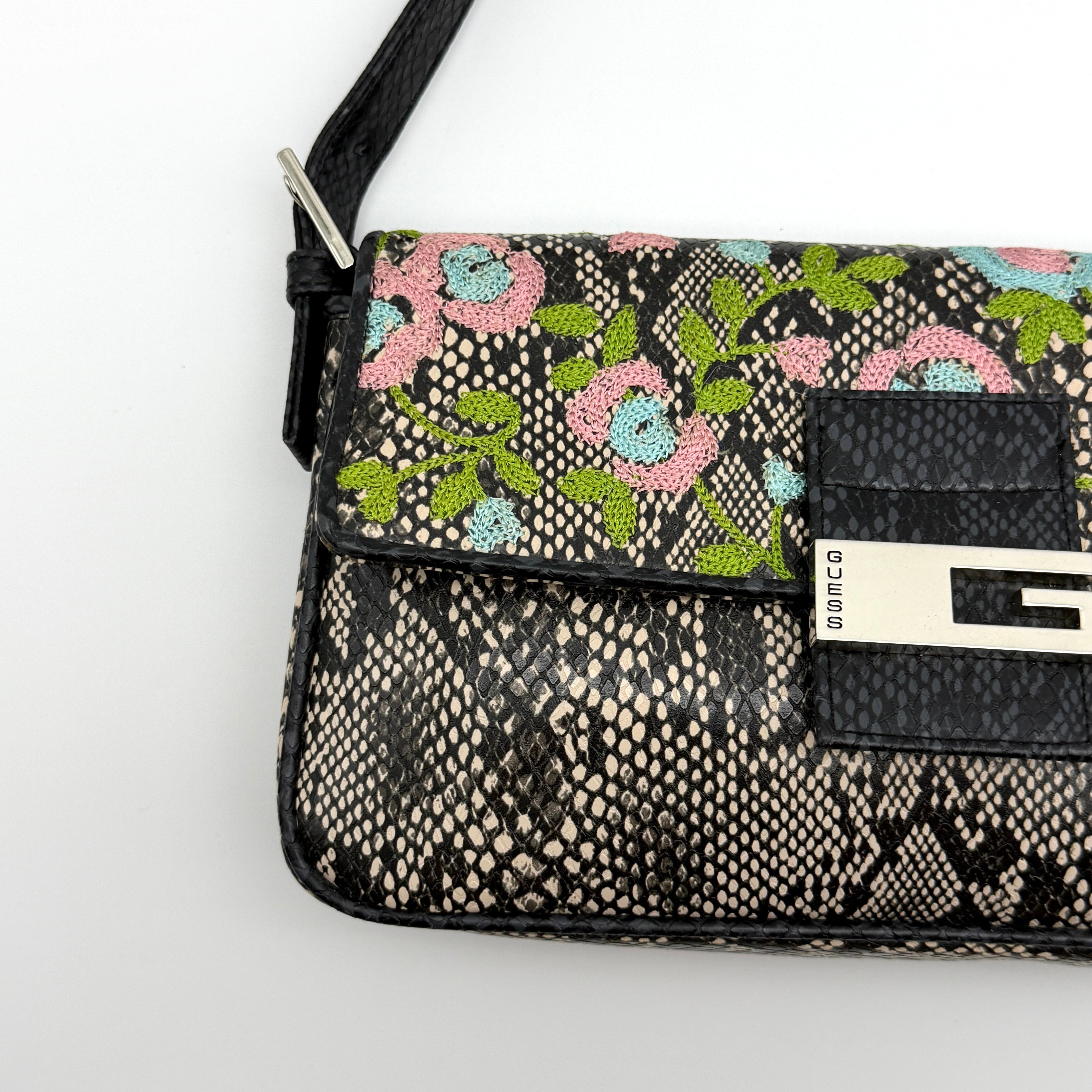 Guess Y2K Floral Embroidered Snakeprint Baguette Bag Multicolor