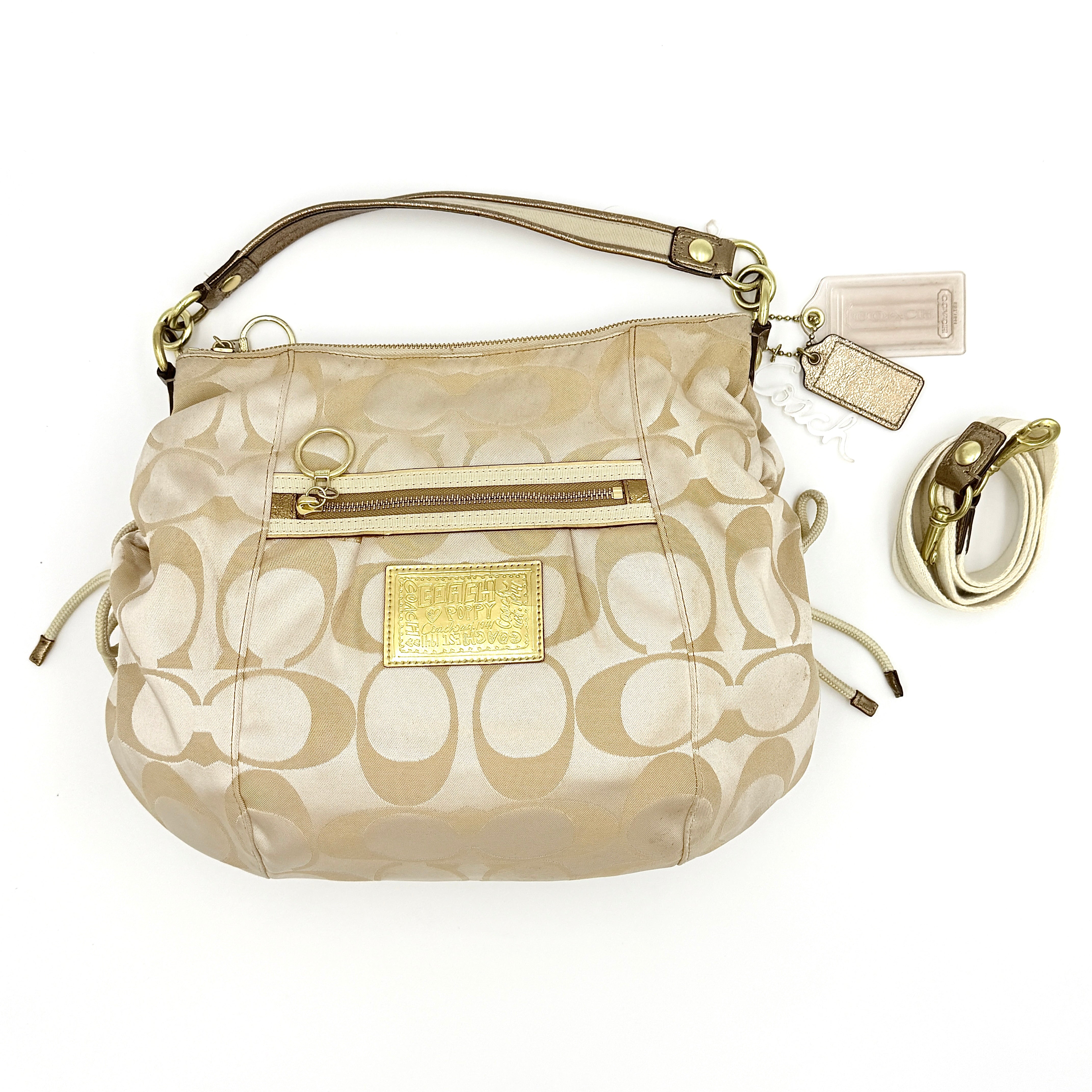 Coach 2Way Signature Poppy Sateen Hobo Shoulder Bag Beige/Gold