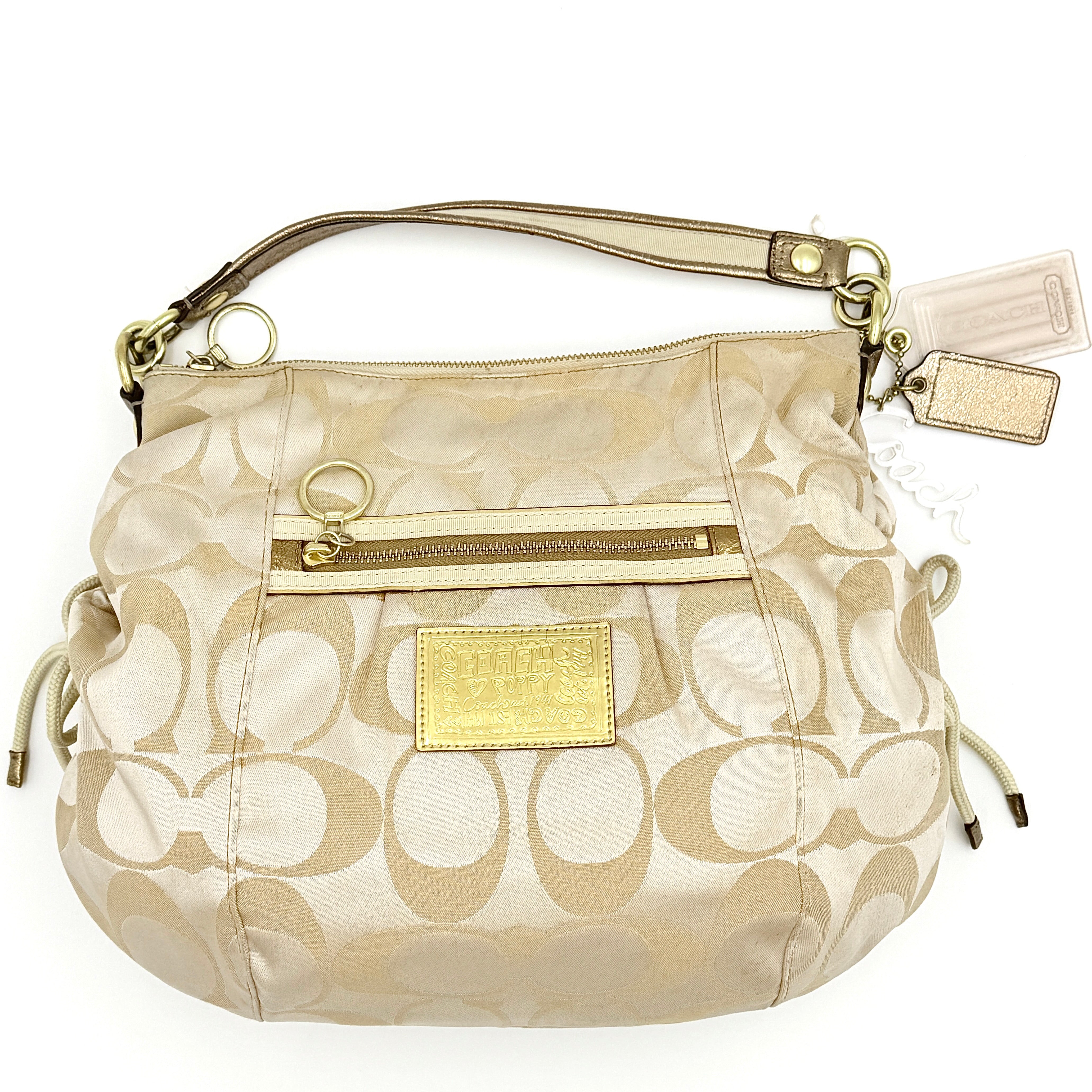 Coach 2Way Signature Poppy Sateen Hobo Shoulder Bag Beige/Gold