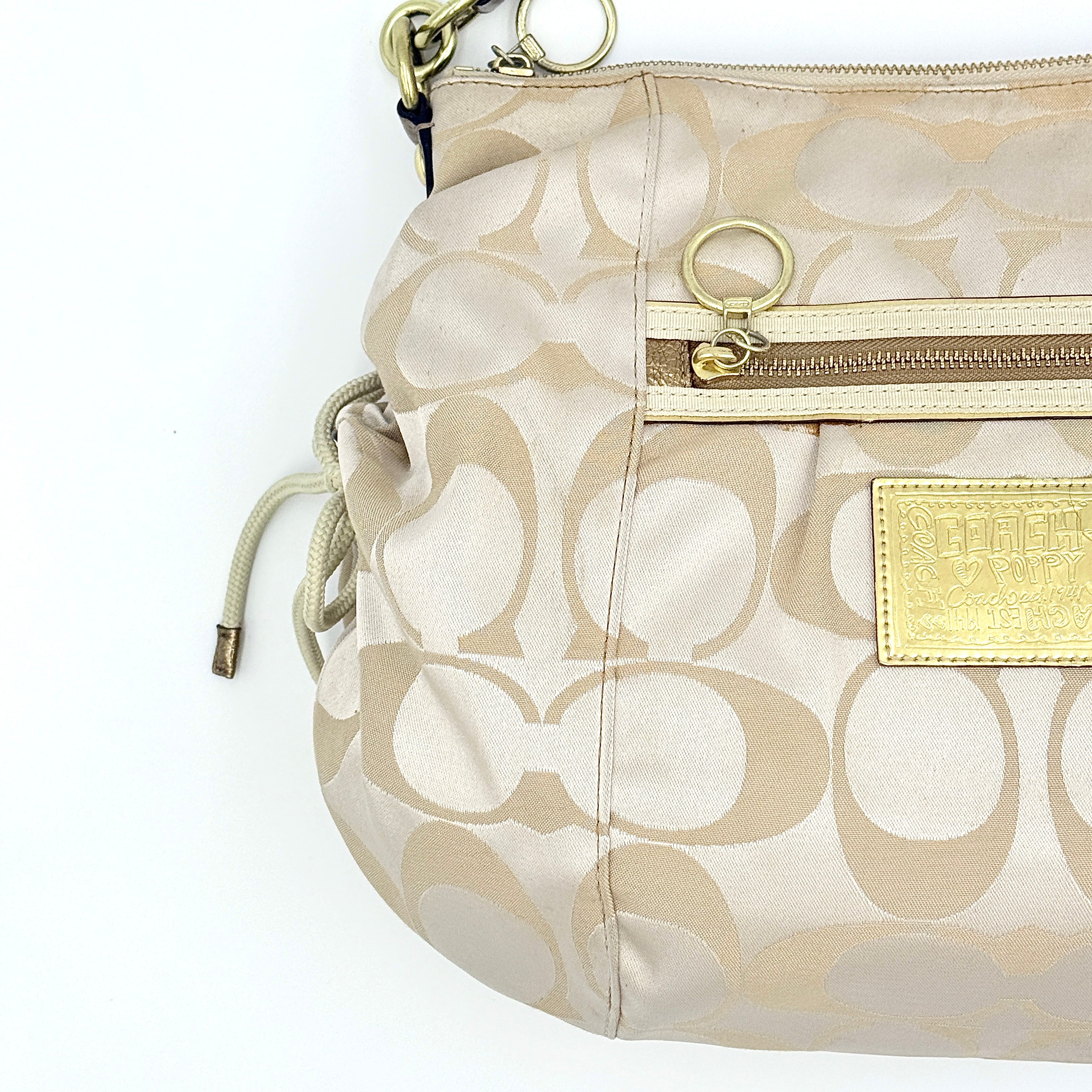 Coach 2Way Signature Poppy Sateen Hobo Shoulder Bag Beige/Gold