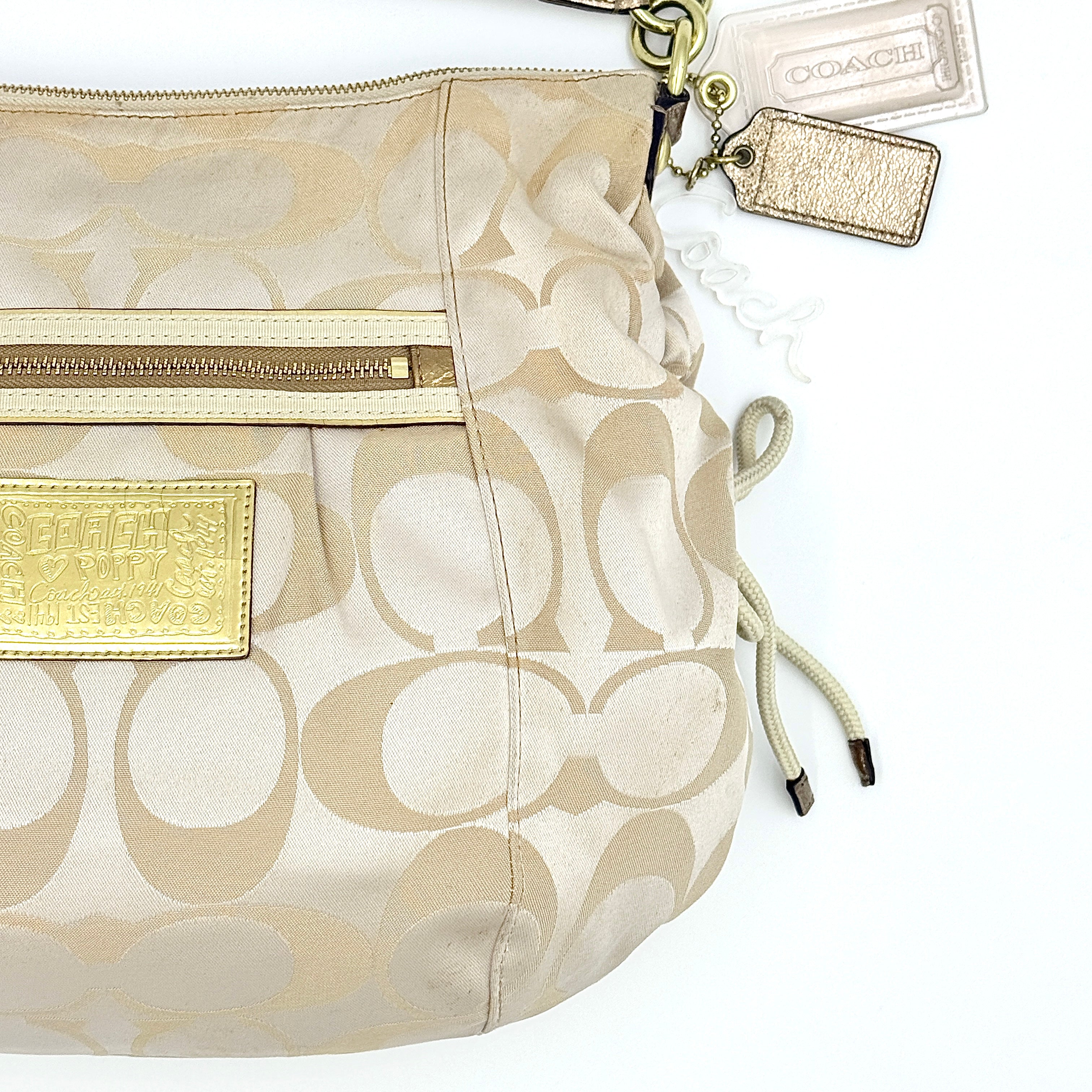 Coach 2Way Signature Poppy Sateen Hobo Shoulder Bag Beige/Gold