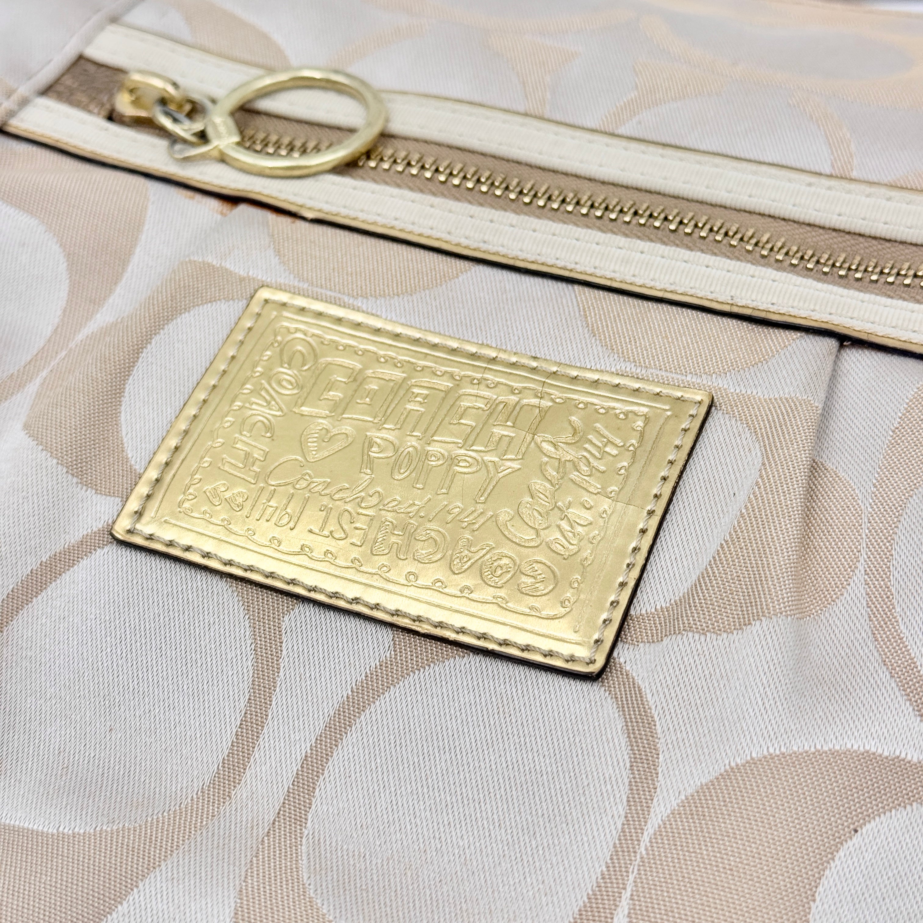 Coach 2Way Signature Poppy Sateen Hobo Shoulder Bag Beige/Gold