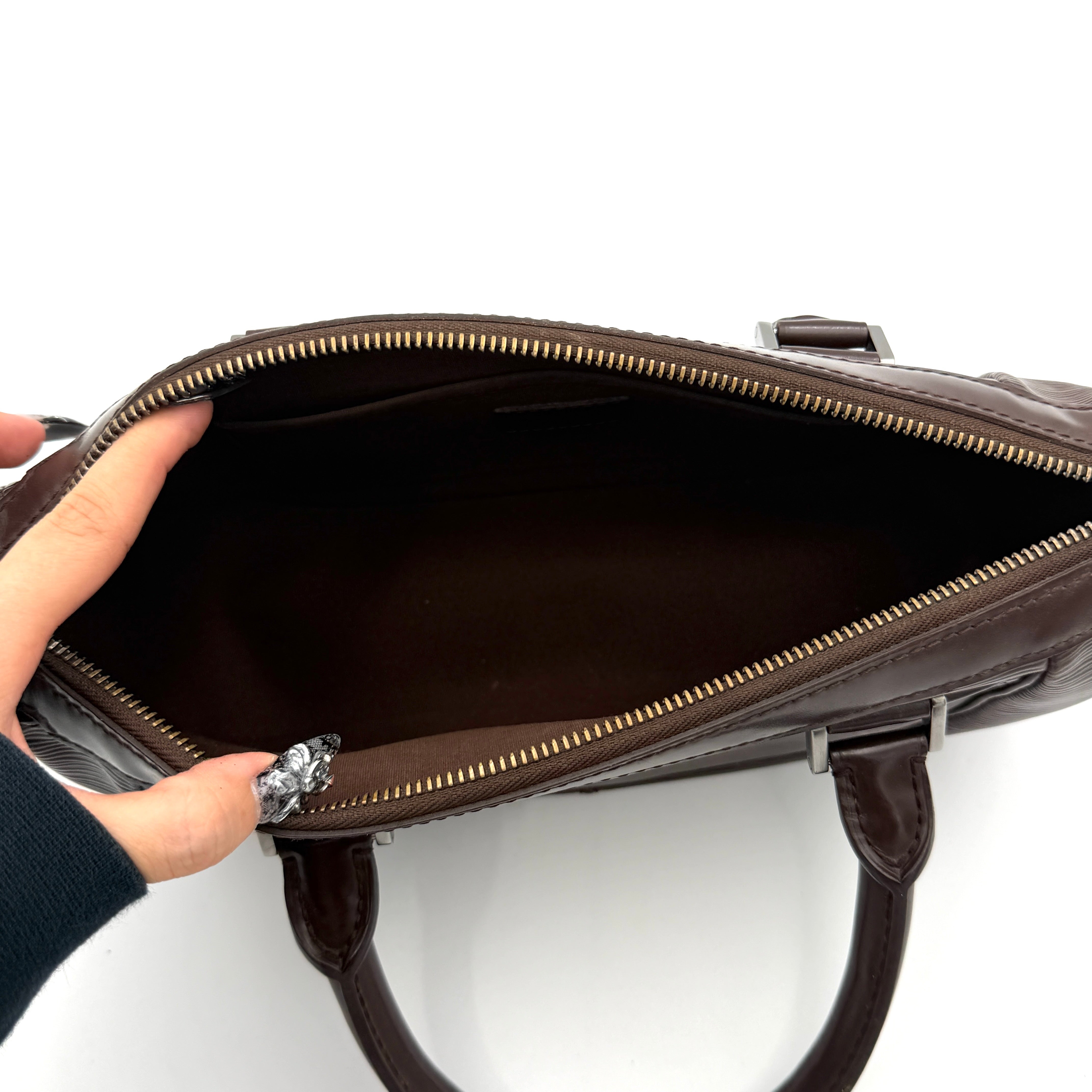 Louis Vuitton Dhanura PM 2Way shoulder bag in brown Epi leather with detachable strap and silver-tone hardware.