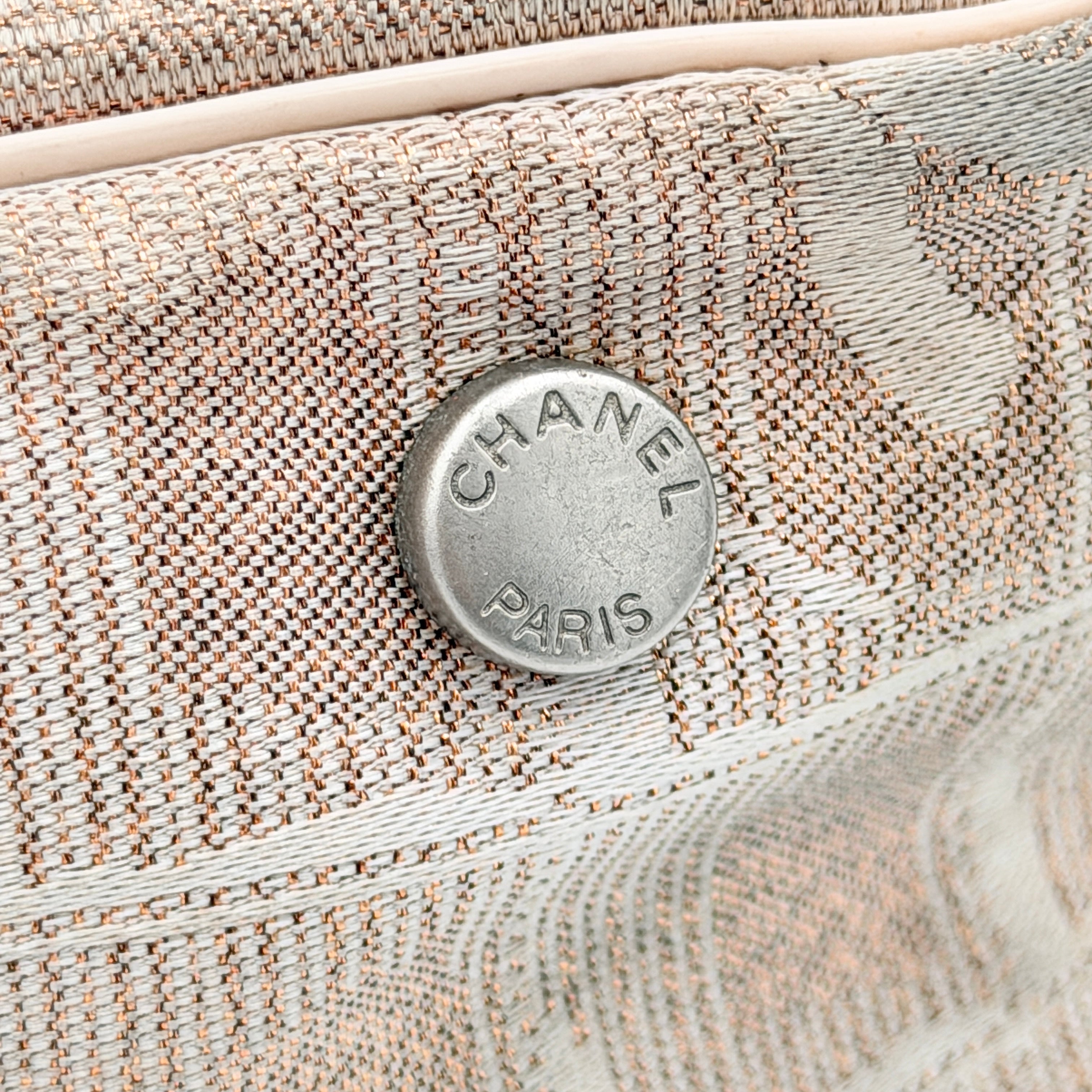 Chanel New Travel Line Tote Bag in rose gold jacquard with blush leather handles, displayed against a white background.