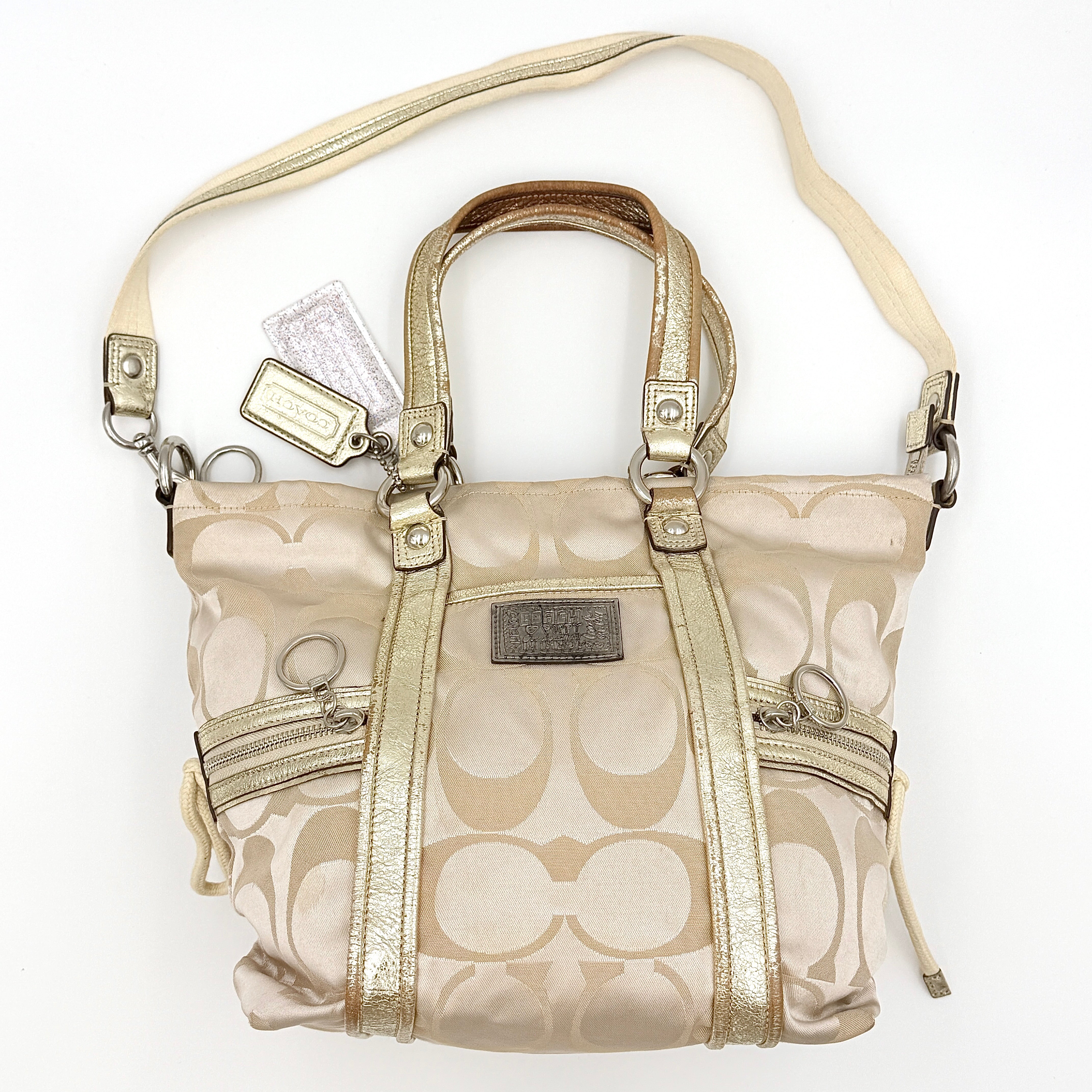 Coach 2Way Signature Poppy Sateen Tote Bag Beige/Gold