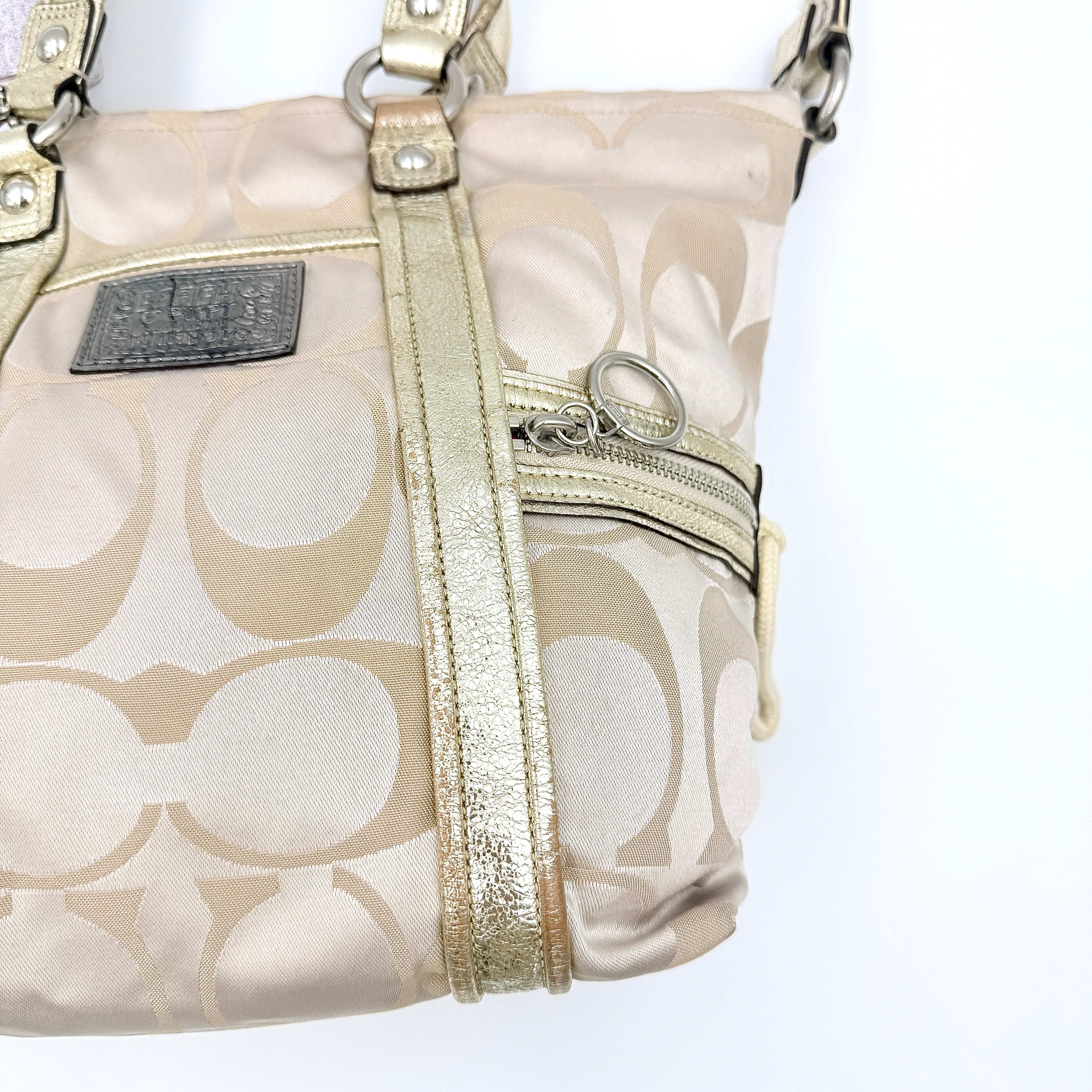 Coach 2Way Signature Poppy Sateen Tote Bag Beige/Gold