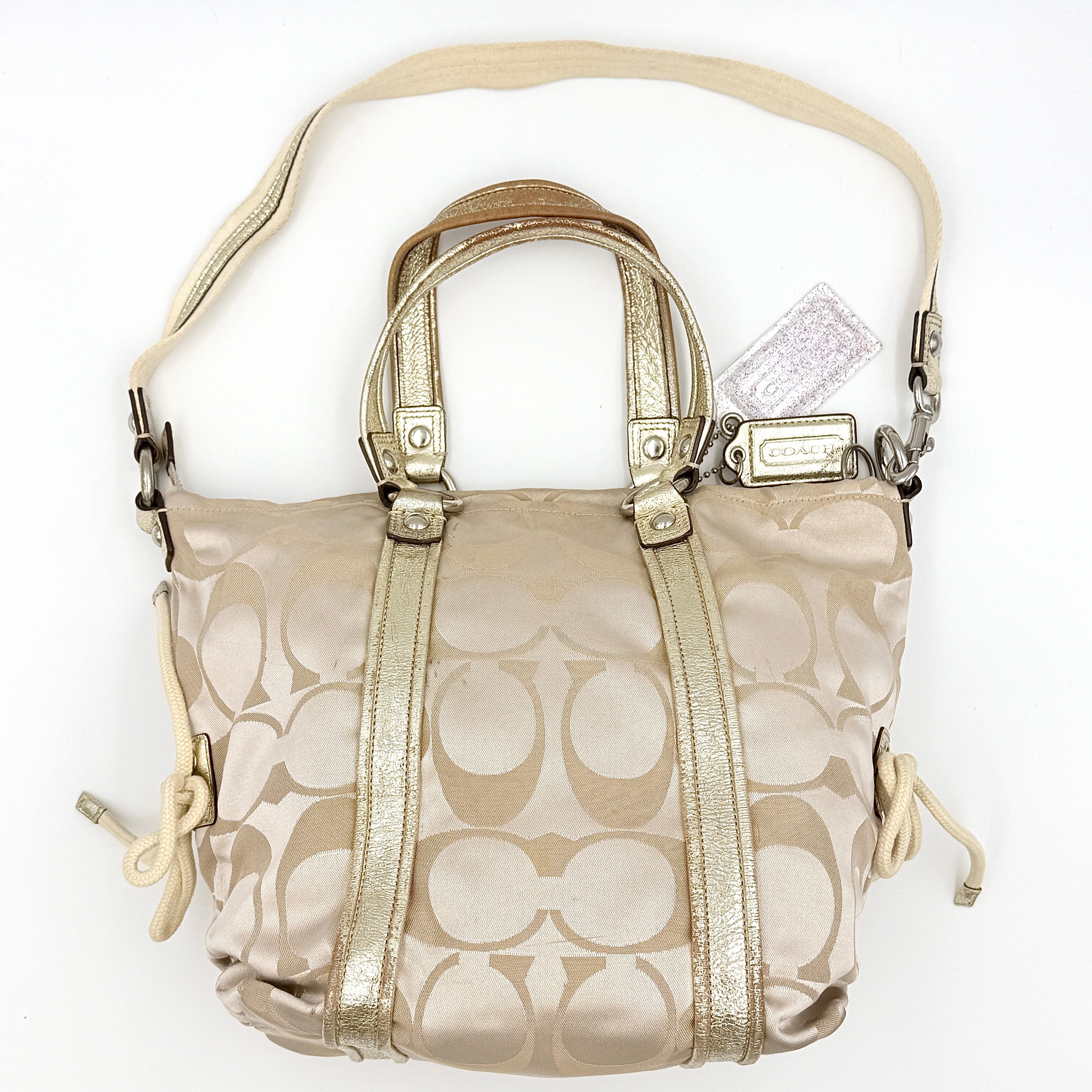 Coach 2Way Signature Poppy Sateen Tote Bag Beige/Gold