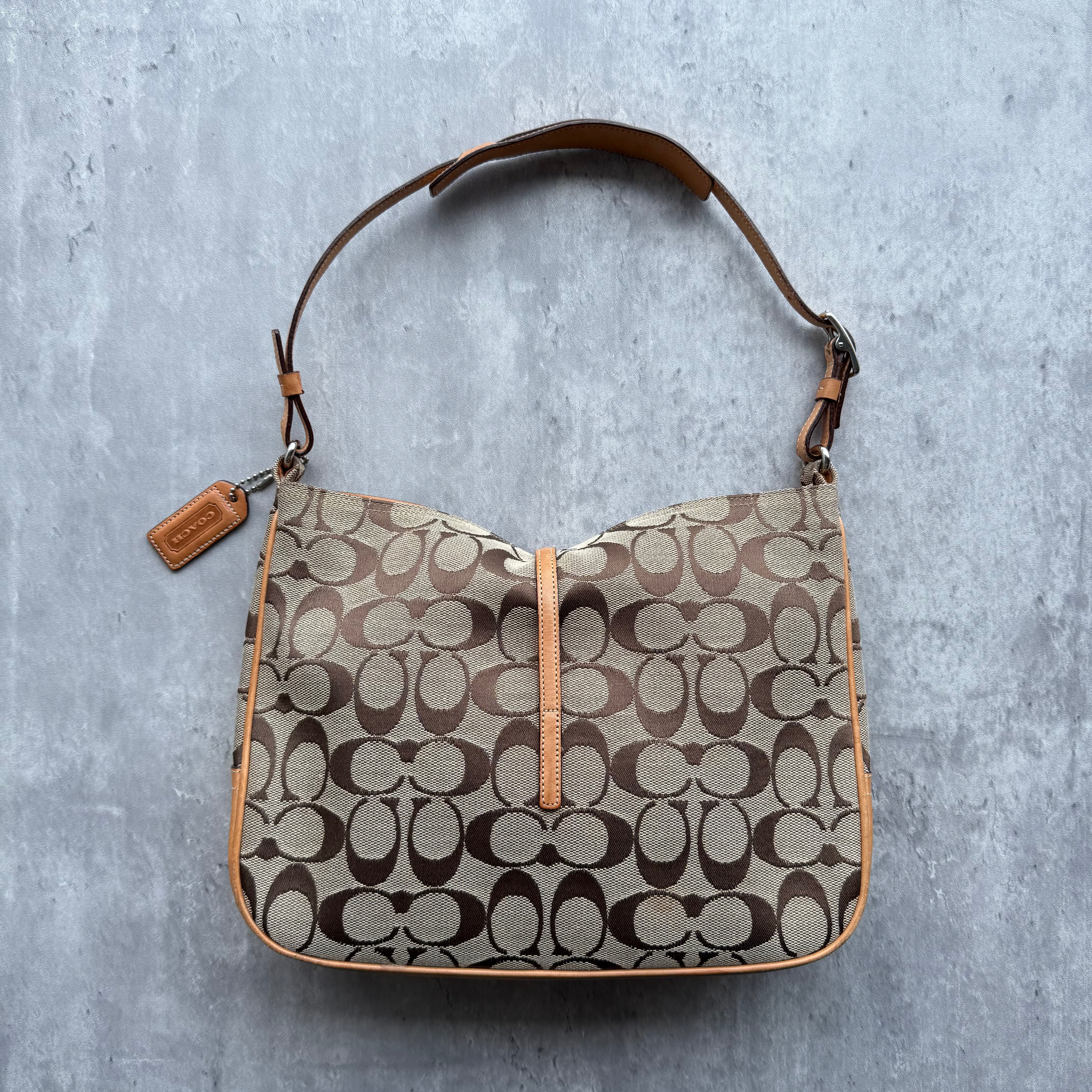 Coach Hobo Signature Clip Canvas Handbag Beige