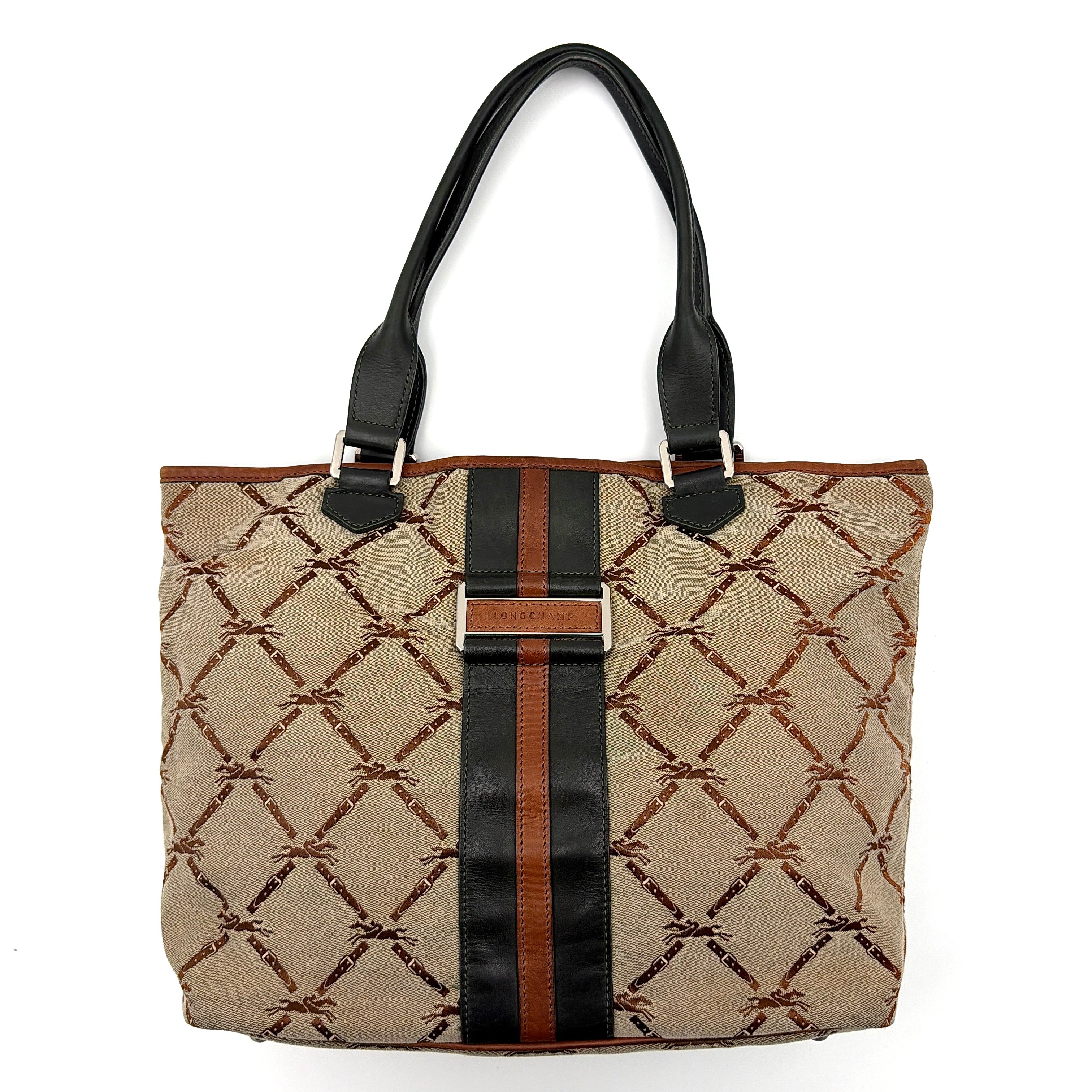 Longchamp beige jacquard tote bag with brown and black leather centre stripe and structured leather handles.