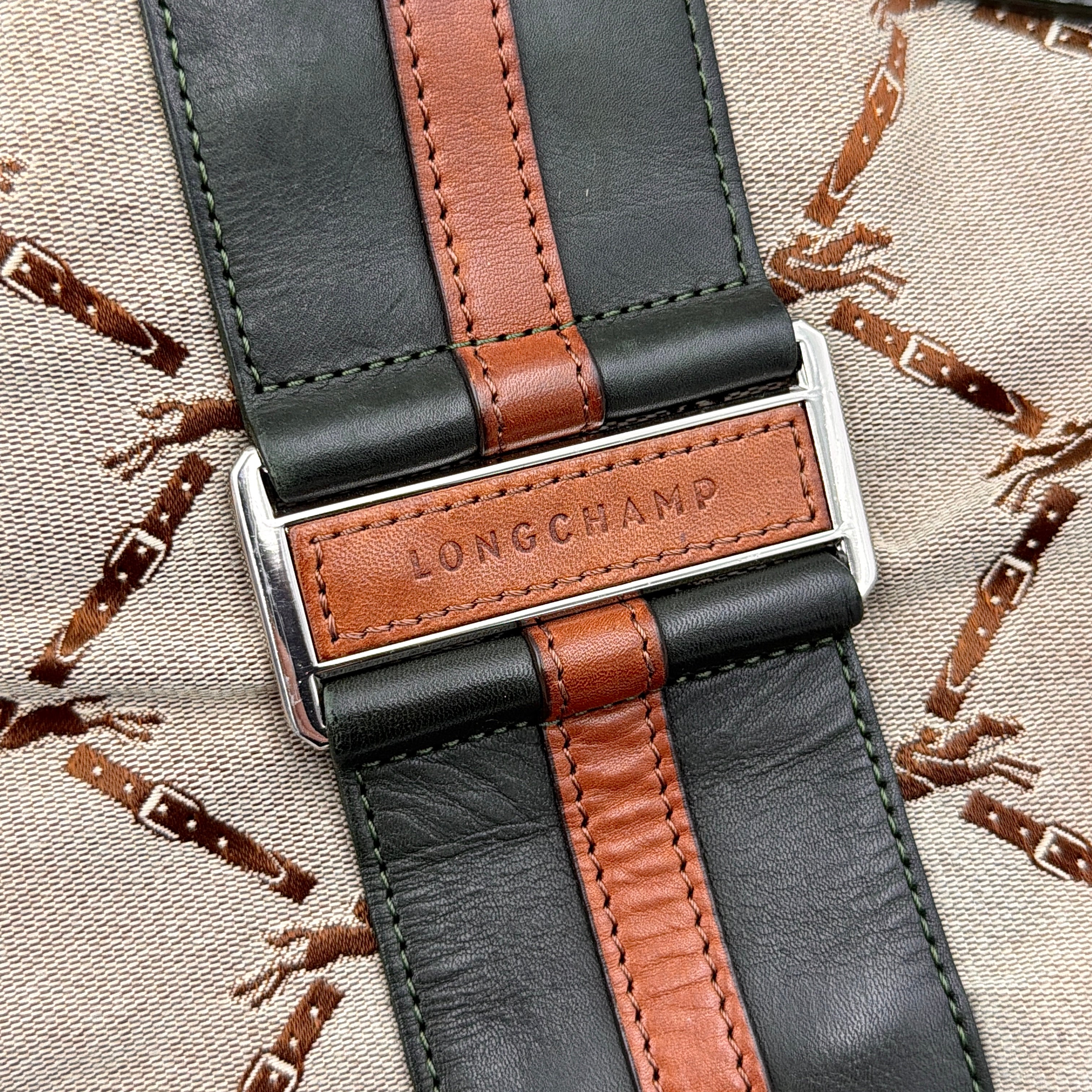 Longchamp beige jacquard tote bag with brown and black leather centre stripe and structured leather handles.