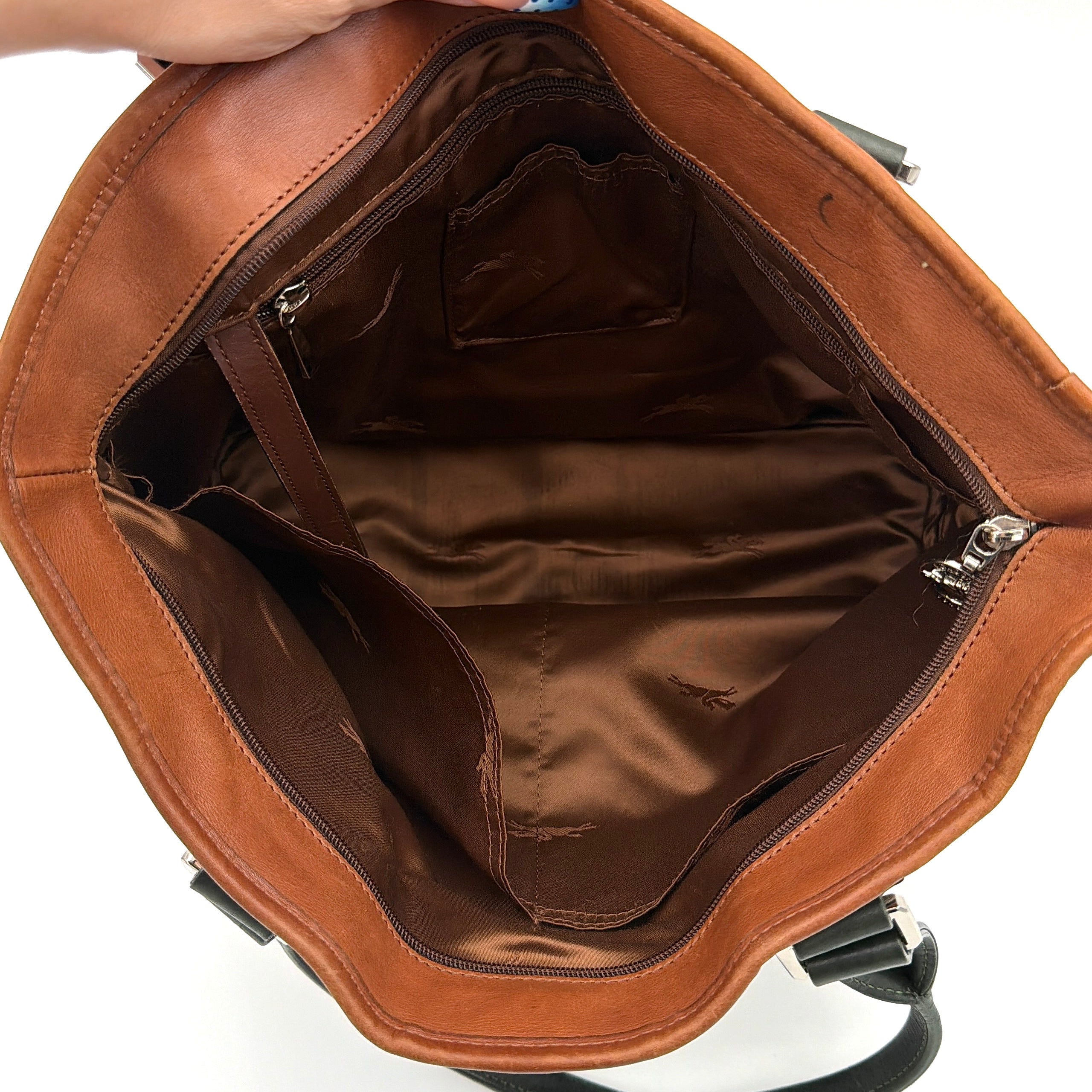 Longchamp beige jacquard tote bag with brown and black leather centre stripe and structured leather handles.