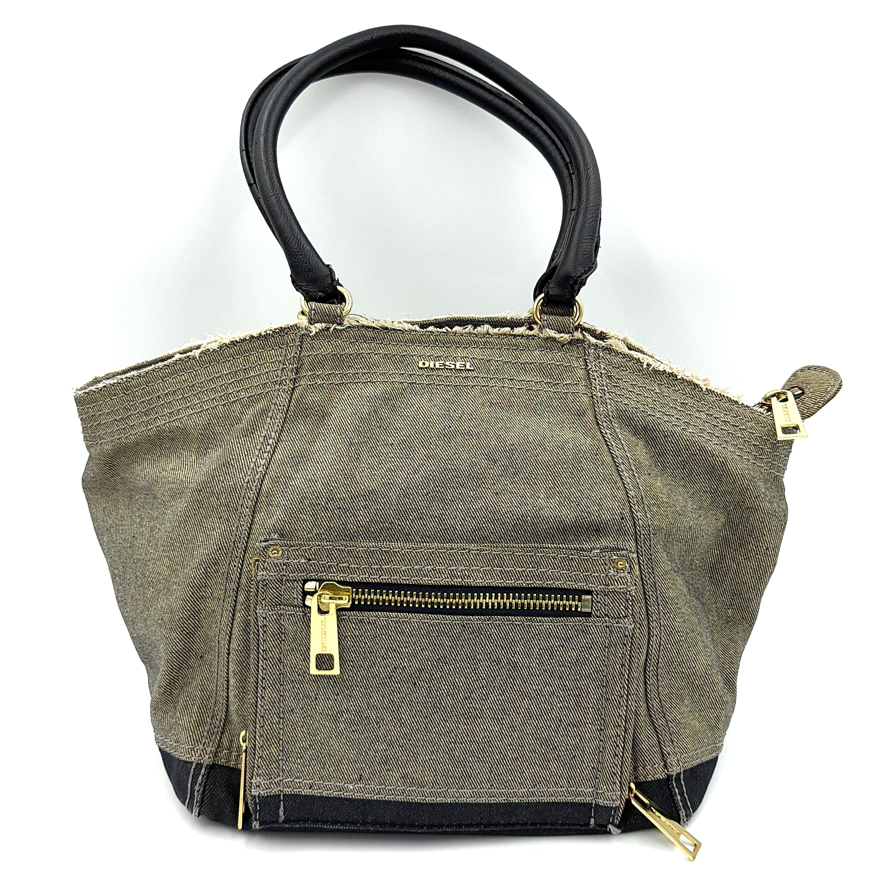 Diesel washed denim shoulder bag with black leather handles, gold zips and frayed edge detail.