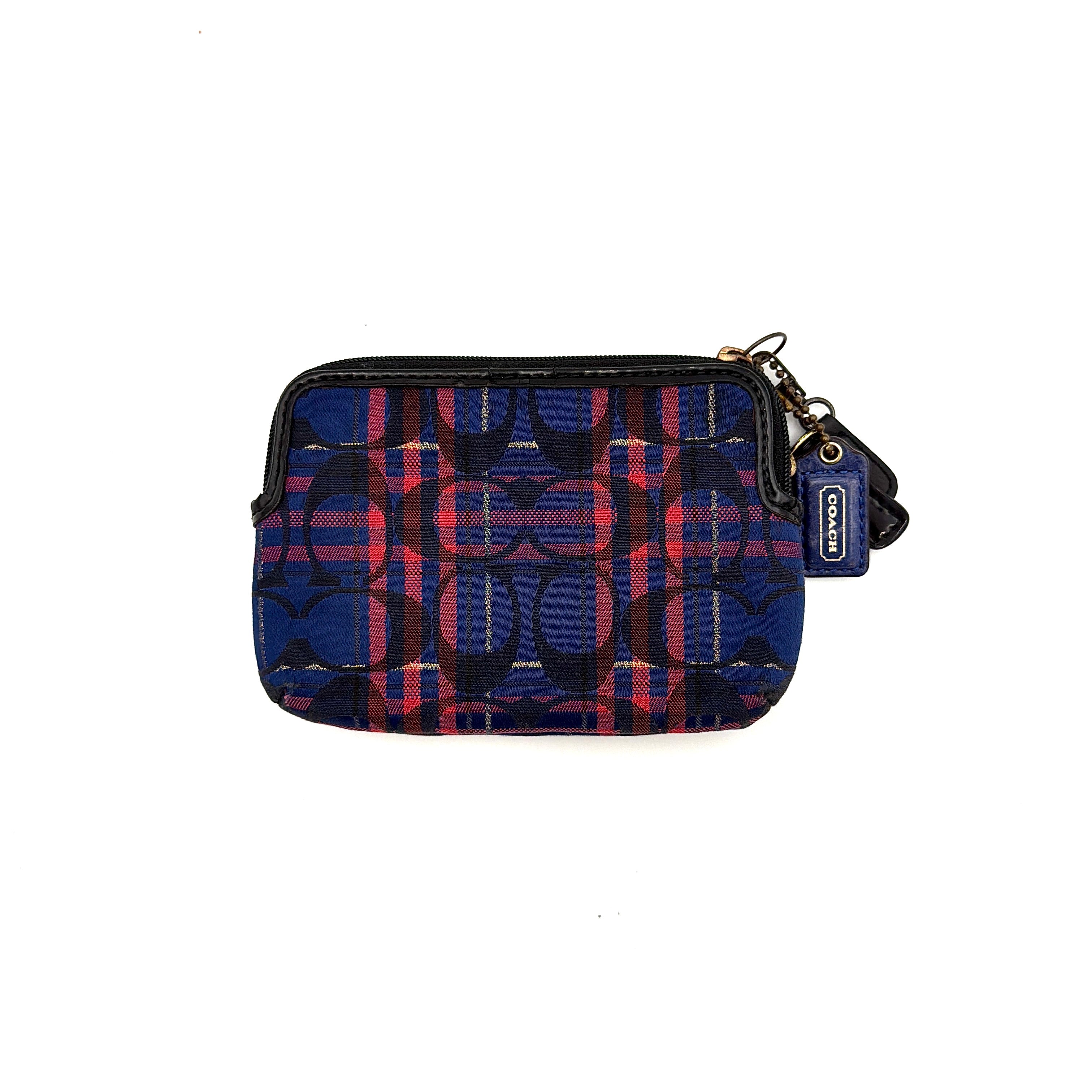 Coach Poppy Tartan Plaid Pouch in multicolour jacquard with bold red and navy check and blue hang tags.