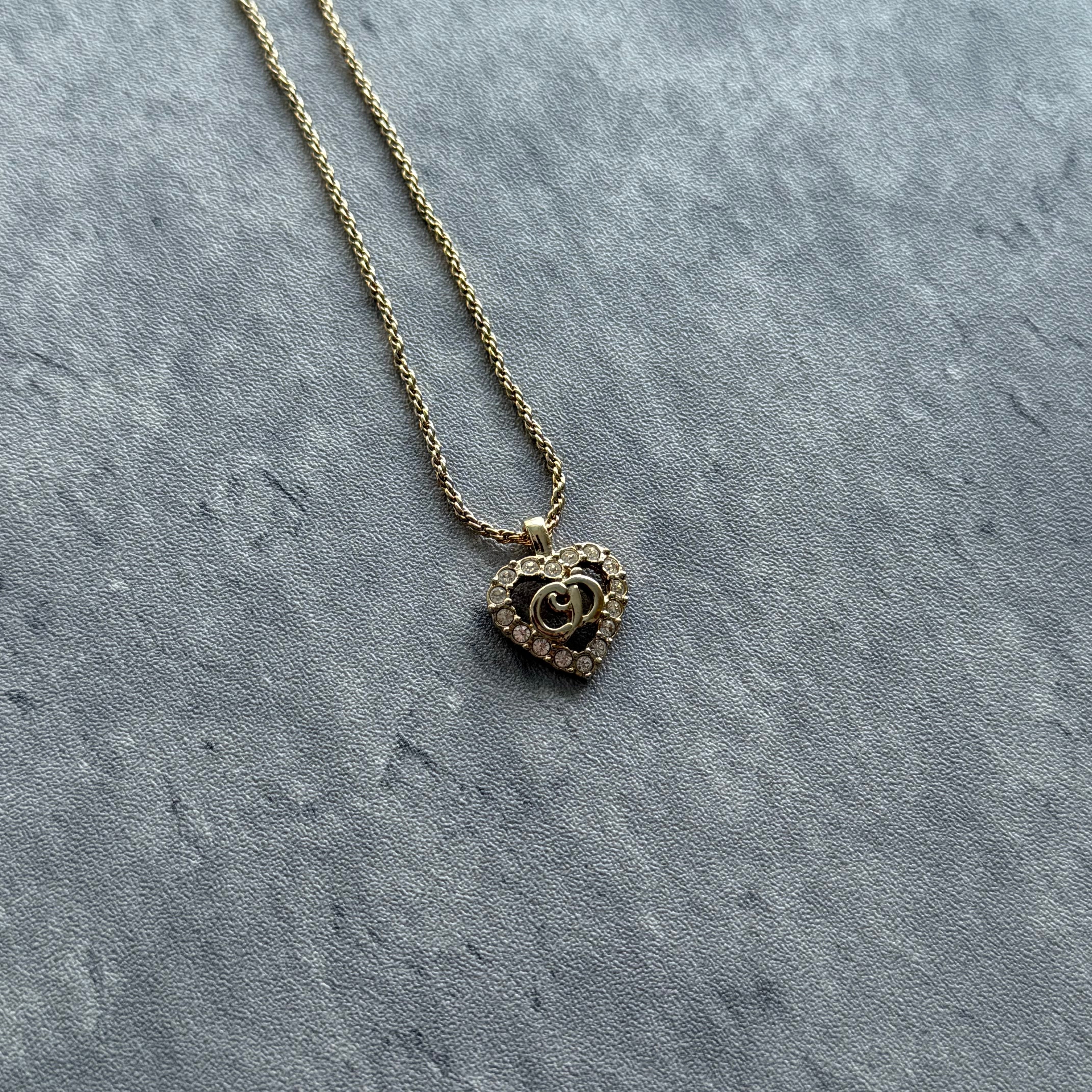 Christian Dior CD Logo Heart Rhinestone Gold Plated Vintage Pendant Necklace