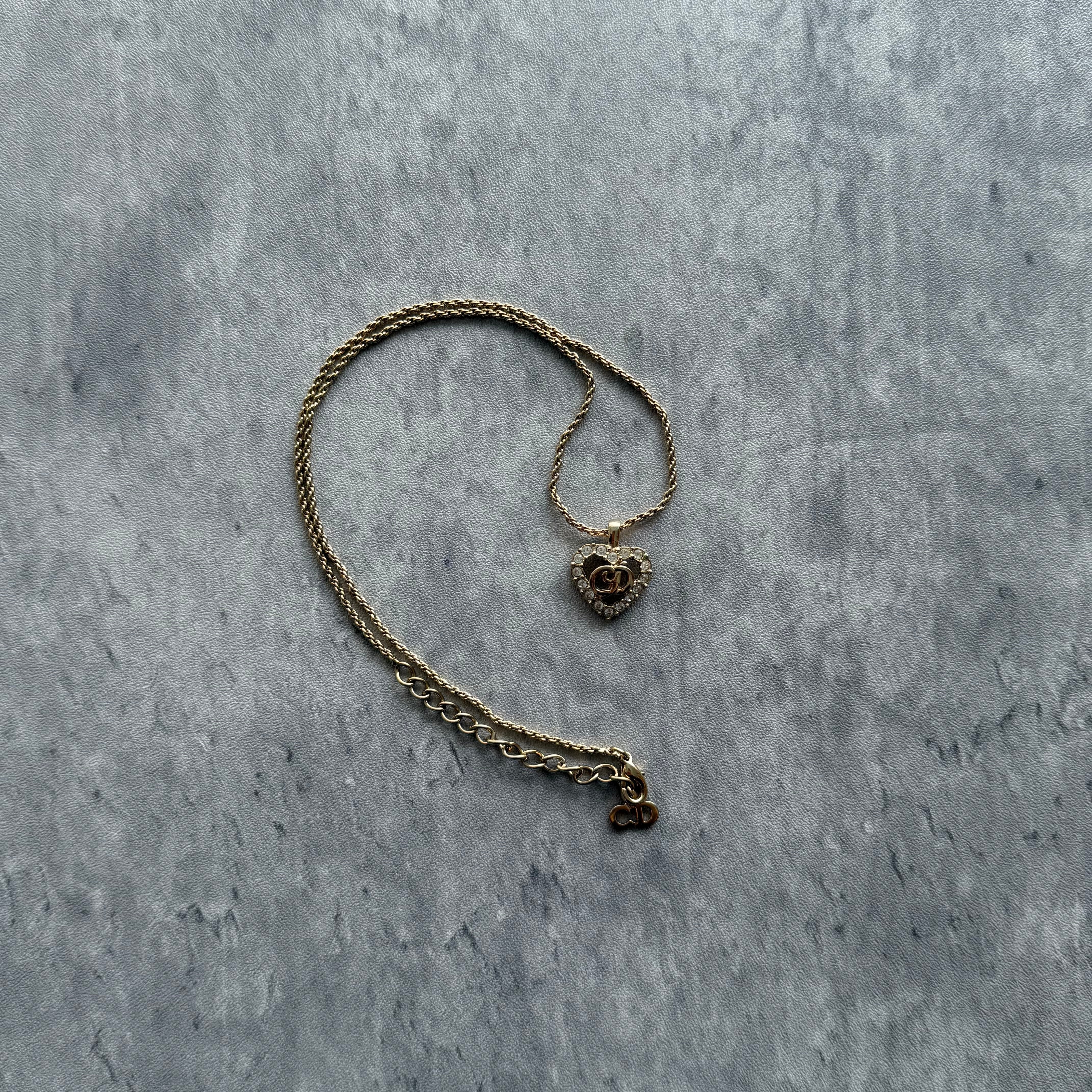 Christian Dior CD Logo Heart Rhinestone Gold Plated Vintage Pendant Necklace