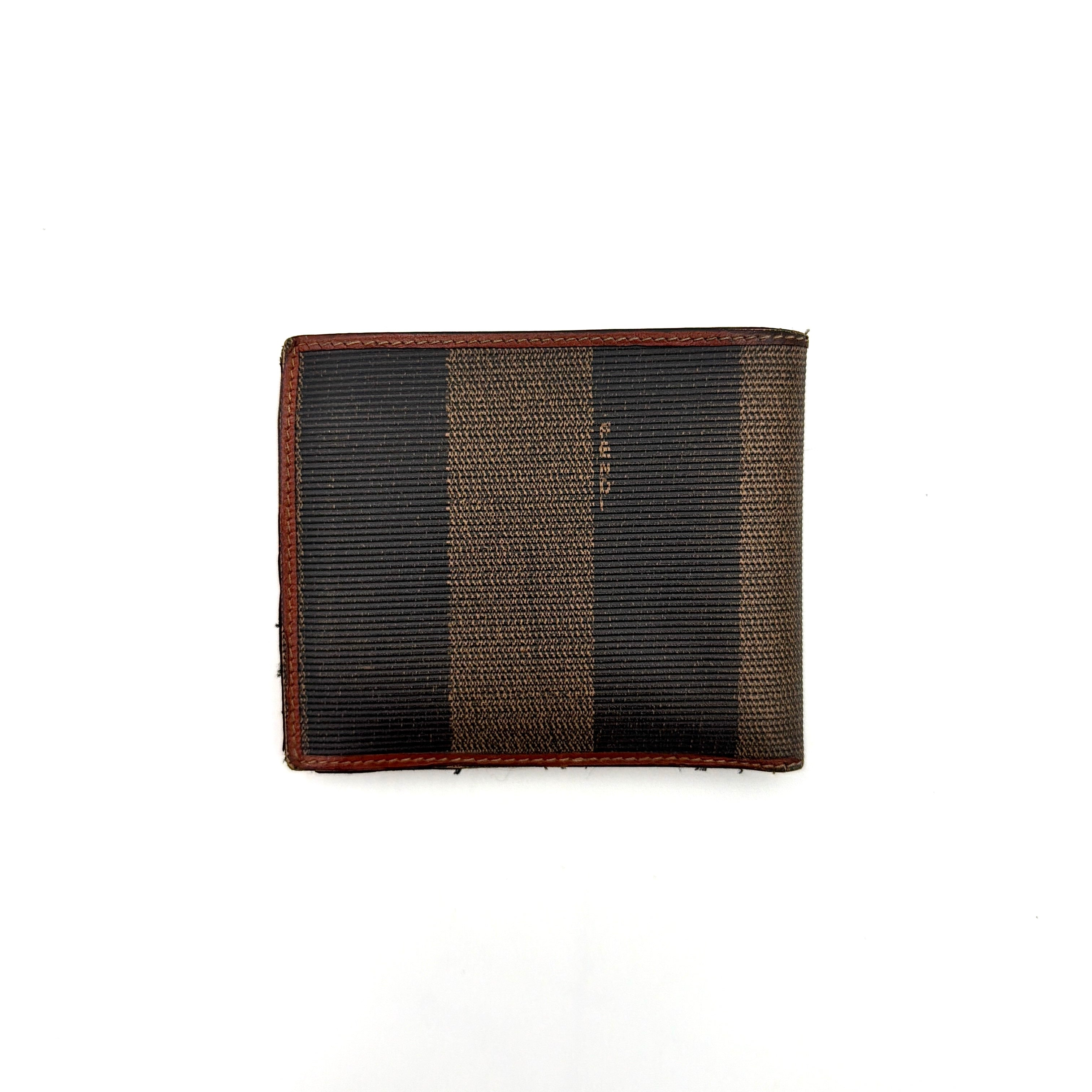 Fendi Pequin Stripe wallet in brown and black canvas with cognac leather trim and circular Fendi badge on the front.