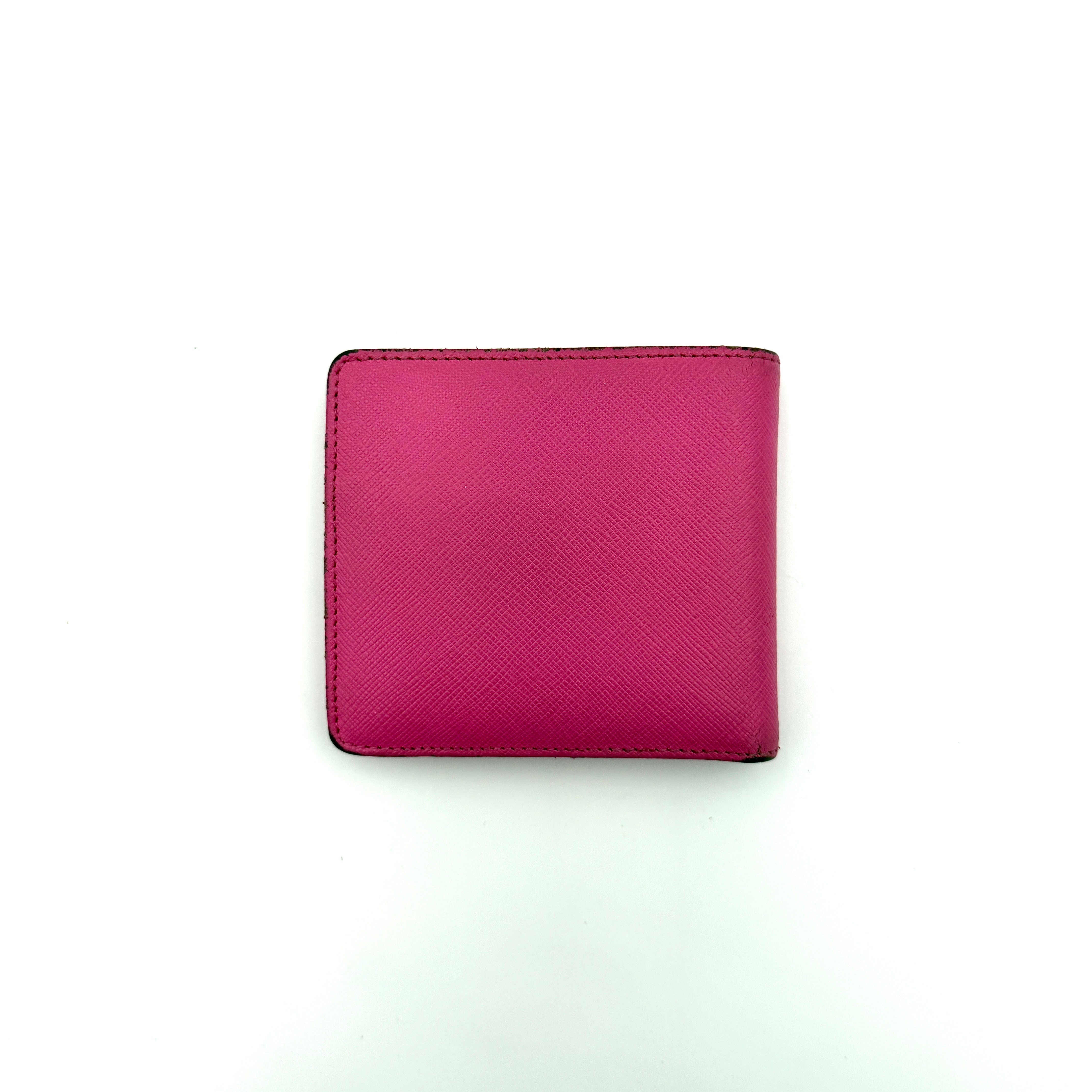 Vivienne Westwood Orb Saffiano Wallet in brilliant pink with gold-tone Orb emblem and cross-grained leather texture.