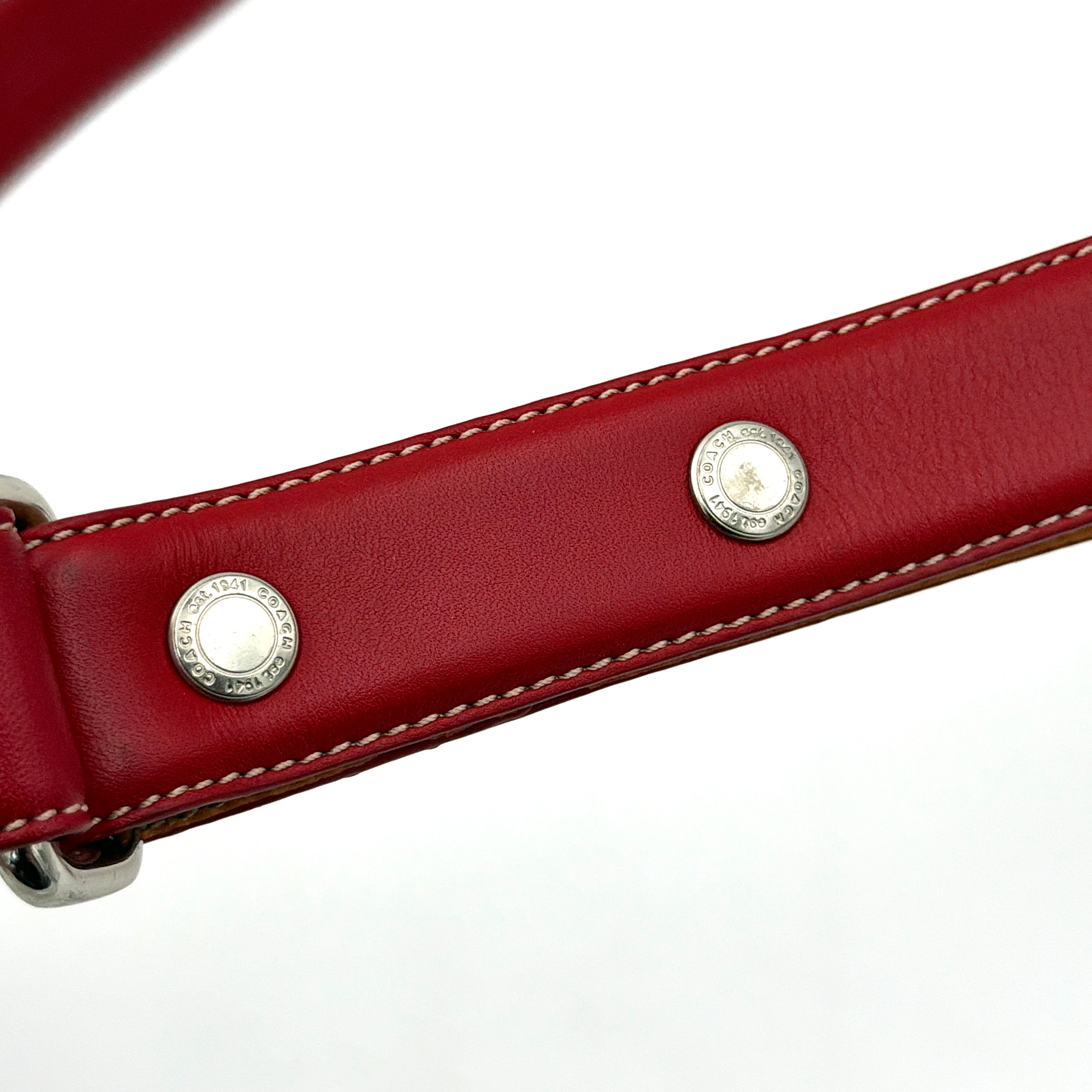 Coach leather pet leash in rich red with silvertone hardware and white contrast stitching, elegantly coiled to showcase its supple construction.