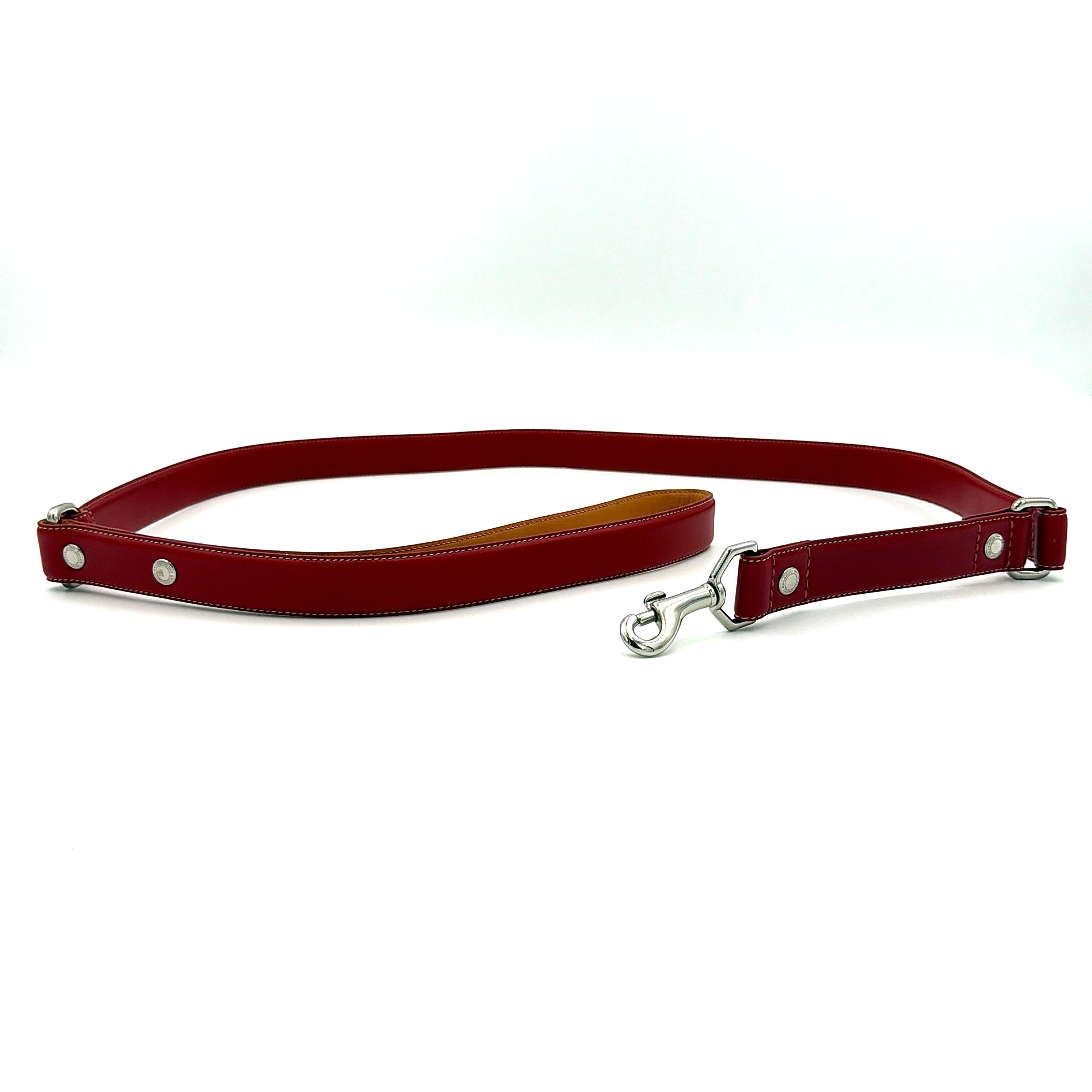 Coach leather pet leash in rich red with silvertone hardware and white contrast stitching, elegantly coiled to showcase its supple construction.