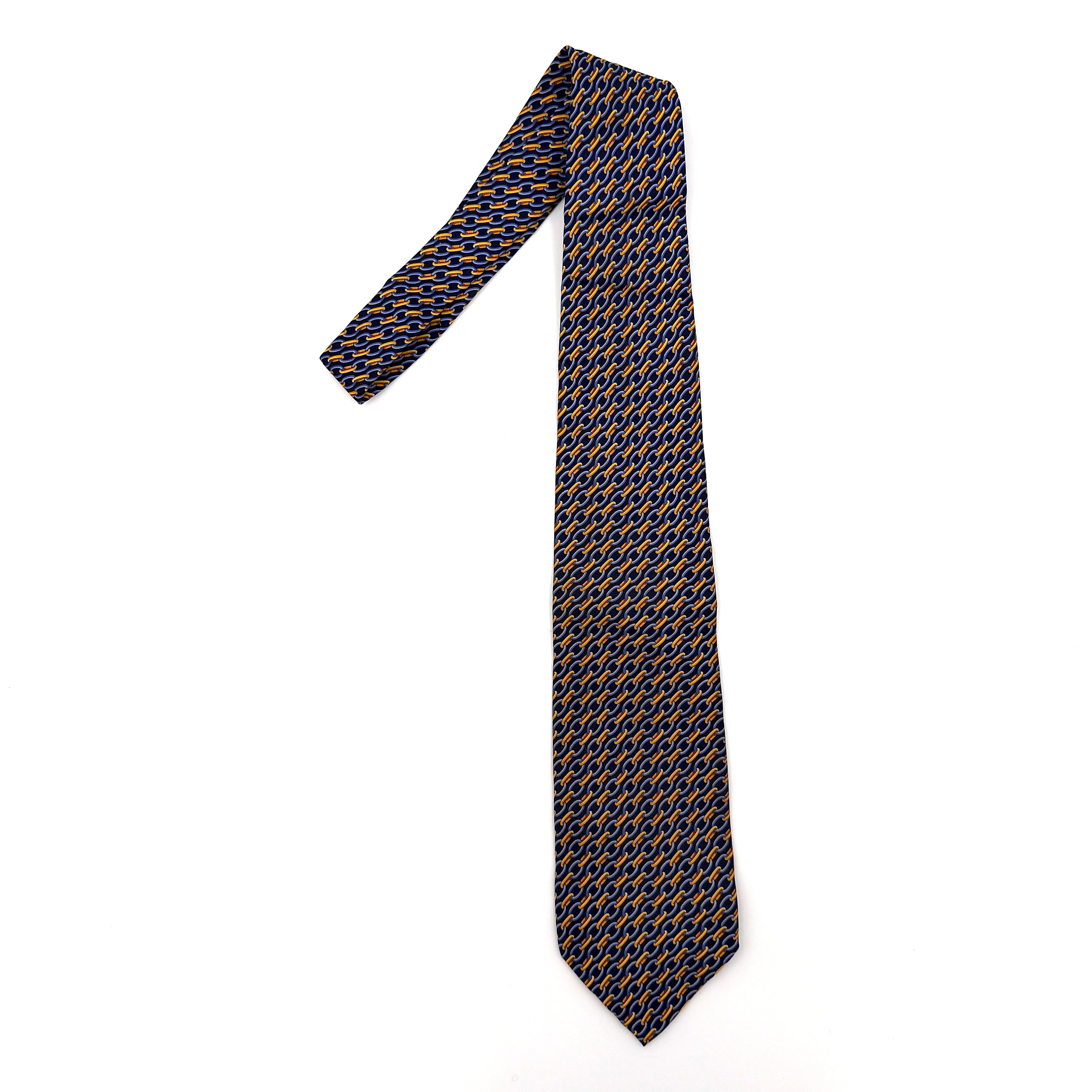 Gucci Chain Link Silk Tie Navy Blue/Gold